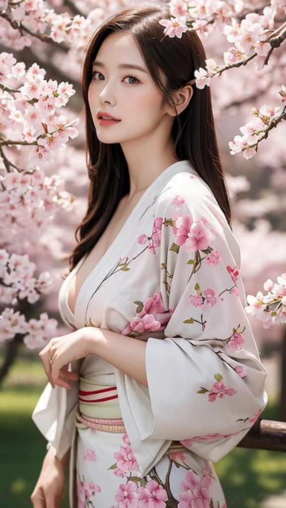 Cherry tree、Colorful kimono、open chest、I&#39;m not wearing anything inside、full body shot、NiziUAYAKA、 ４Ｋ、１people&#39;s women、slender、 Loose wavy styling 、seductive and attractive、Including face and skin texture.，detailed eyes、A soothing expression with a smile