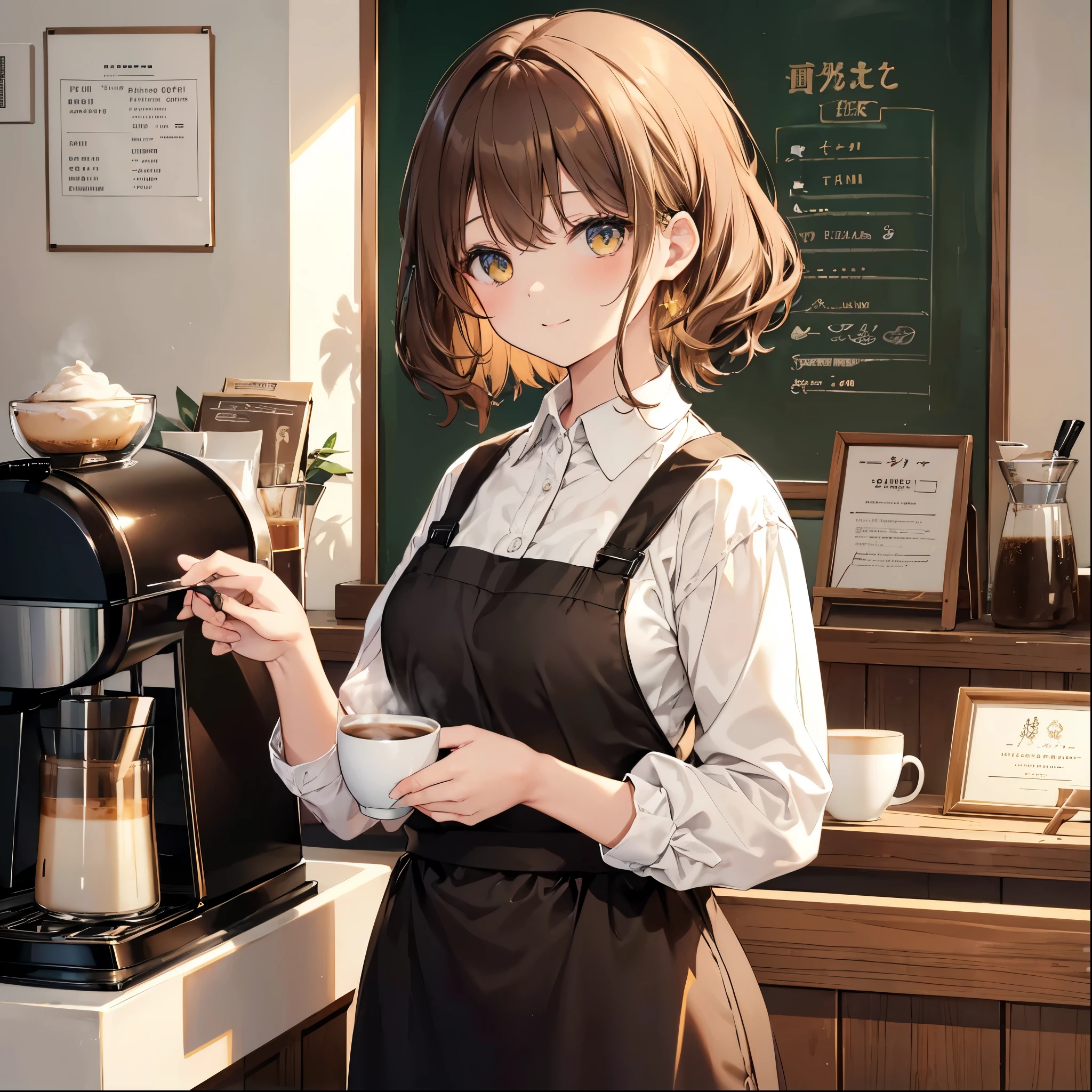 High image quality, masterpiece, Delicate Hair, Delicate eyes, Delicate Hair, ((masterpiece, 最High image quality)), High image quality, masterpiece, Delicate Hair, Delicate eyes, (Photo Original), ((Barista)), One girl, Baristaの女の子, smile，Brown Hair，Yellow Eyes, glamorous，黒のsuit，White mug，Moss green apron ,((Making coffee at the shop)),(Delicate depiction of coffee), A dignified expression, formal, suit, ((Cafe Background)), Coffee machines, Coffee beans, Coffee mill, Strong Shadows