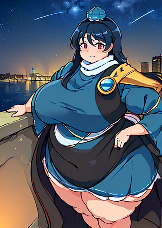 ((best quality, 4k, 8k, anime girl, masterpiece)), ((((beautiful extremely detailed face)))), ((beautiful eyes)), ((hard skin)), cinematic lighting, ((perfect anatomy)), (((chubby, SSBBW, tall, big belly, round belly, (((extremely wide waist, extremely wide breasts))), skinny arms, thick legs, huge breasts))), (full body view), ((thick outlines, anime style, neon colours)), (((megumu izunamaru))), (((fully clothed, white scarf, blue dress, golden armor, black cape))), (((long dark blue hair, bangs, tokin hat))), sharp smile, (city lights, cliff, fence, starry sky), ((dignified pose)),