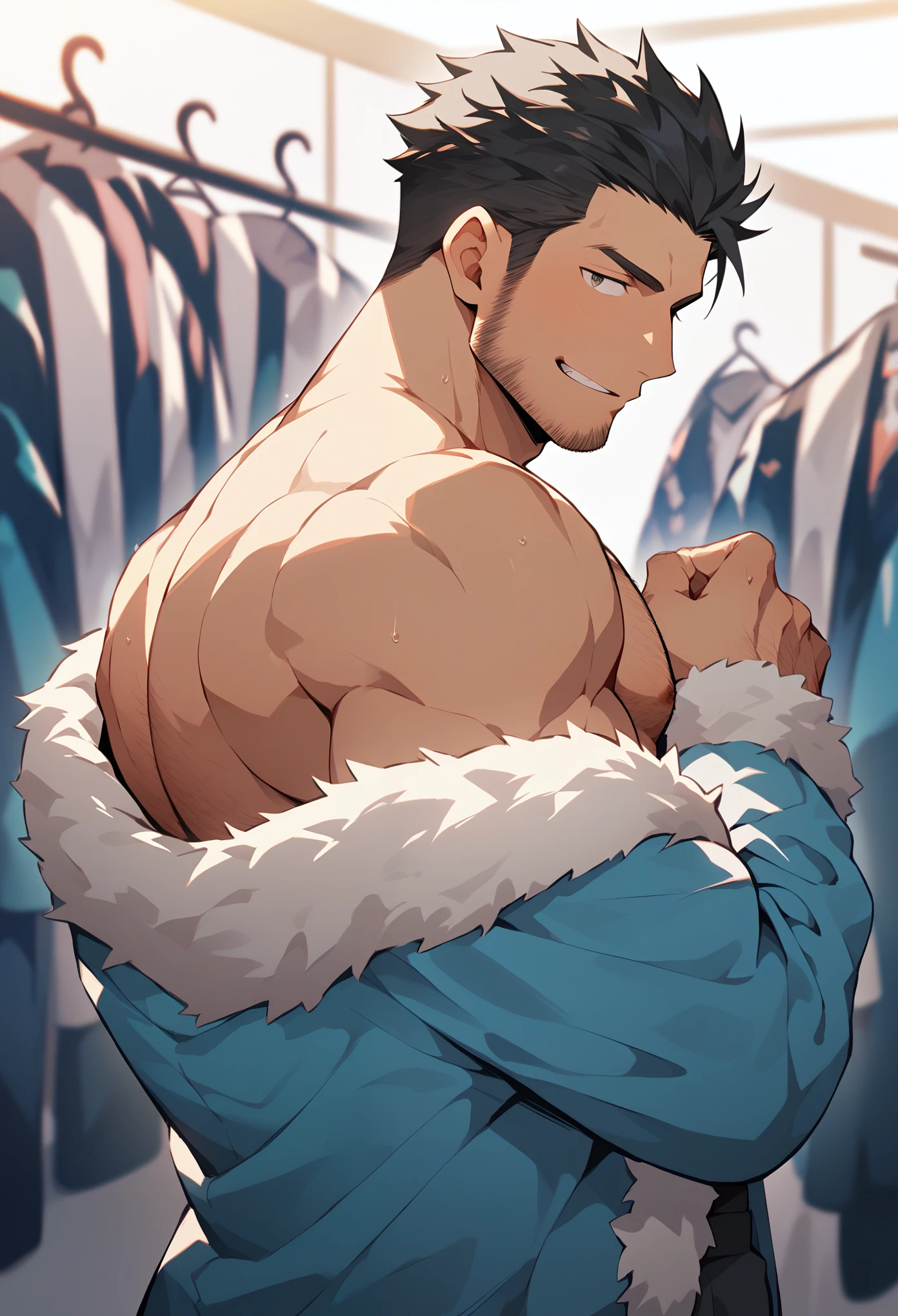 Male idol, Japanese, muscular, black hair, hairy, dressing room, risqué costume, prostitution