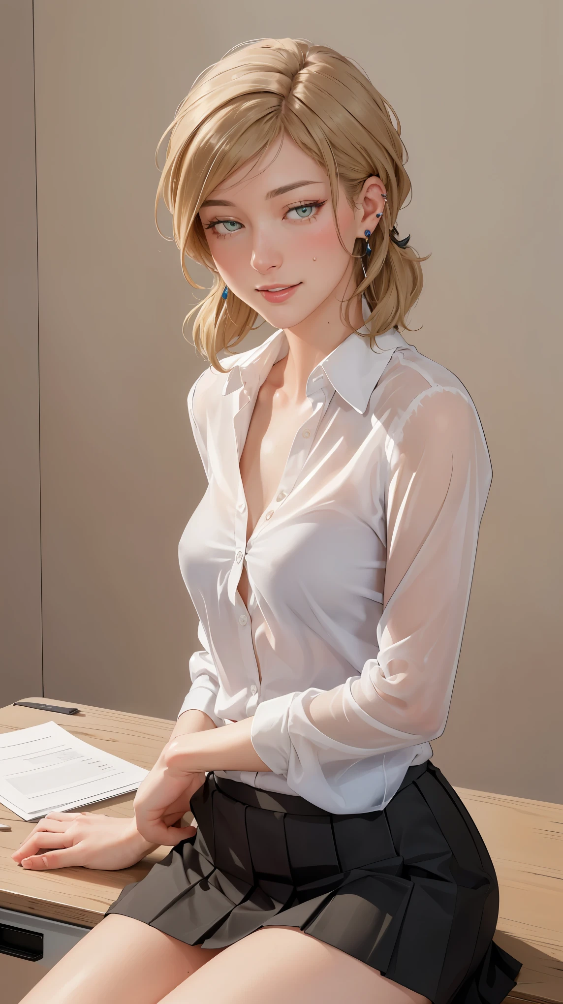 Best quality, masterpiece, ultra high res, (photorealistic:1.7), raw photo, beautiful woman, she is lawyer, short light brown (almost blonde) bob hair, (small boobs:1.3), sexy body, sitting in coffee shop, she is happy, ((long sleeved white shirt, black skirt)), looking at viewer