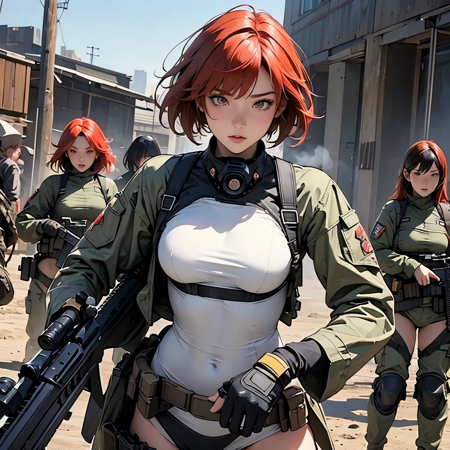 nsfw, anime screencap, 16K, perfect anatomy proportion body, perfect hands, action, A dynamic composition with a sense of speed and movement, (Hold an assault rifle:1.6), a wife, 40age, perfect beautiful delicate sexy face, perfect beautiful delicate slanted eyes, red hair, swept bangs pixie cut, medium breasts, abs, Elaborate heavy-armored chainmail steam-powered suit, Many robot soldiers having a gunfight in the background, Flying bullets, Urban battlefields, war, Post-apocalyptic,