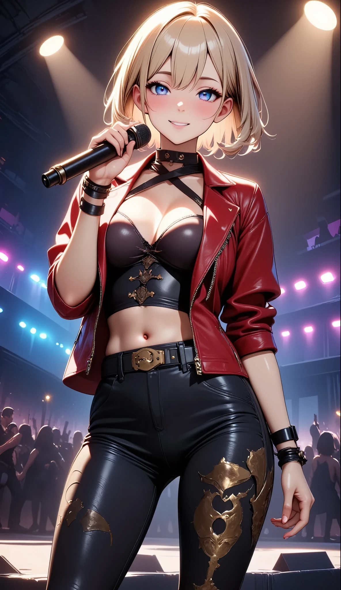 (Masterpiece: 1.1), (Best quality: 1.0), (Ultra HD: 1.0), (8K resolution: 1.2), (Real: 1.0), (Hyperdetail 1:0), (RAW photo: 1.1), Idols on stage, Background bokeh:1.2, Dressed in gorgeous stage costumes, Holding a microphone, thigh gap, Small hips, mini-skirts, 校服,Upper body shooting. Splendid atmosphere,dingdall effect, glittery, Impeccable figure, Lady Gaga, Madonna, camel toe