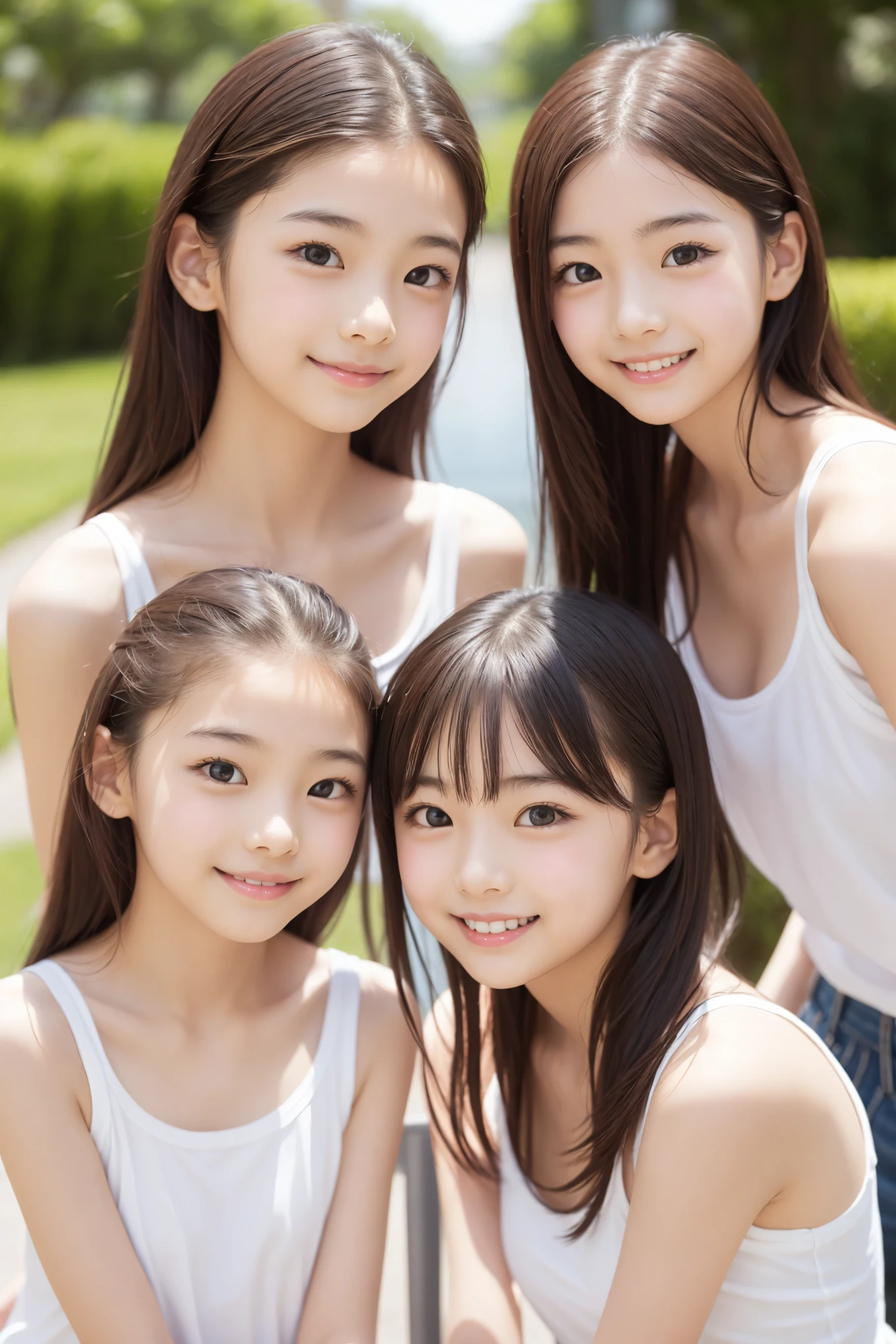 White tank top、Four Girls、(smile:0.8)、(The nose is very small:1.3)、Round eyes、Long Hair、Cute face like an idol