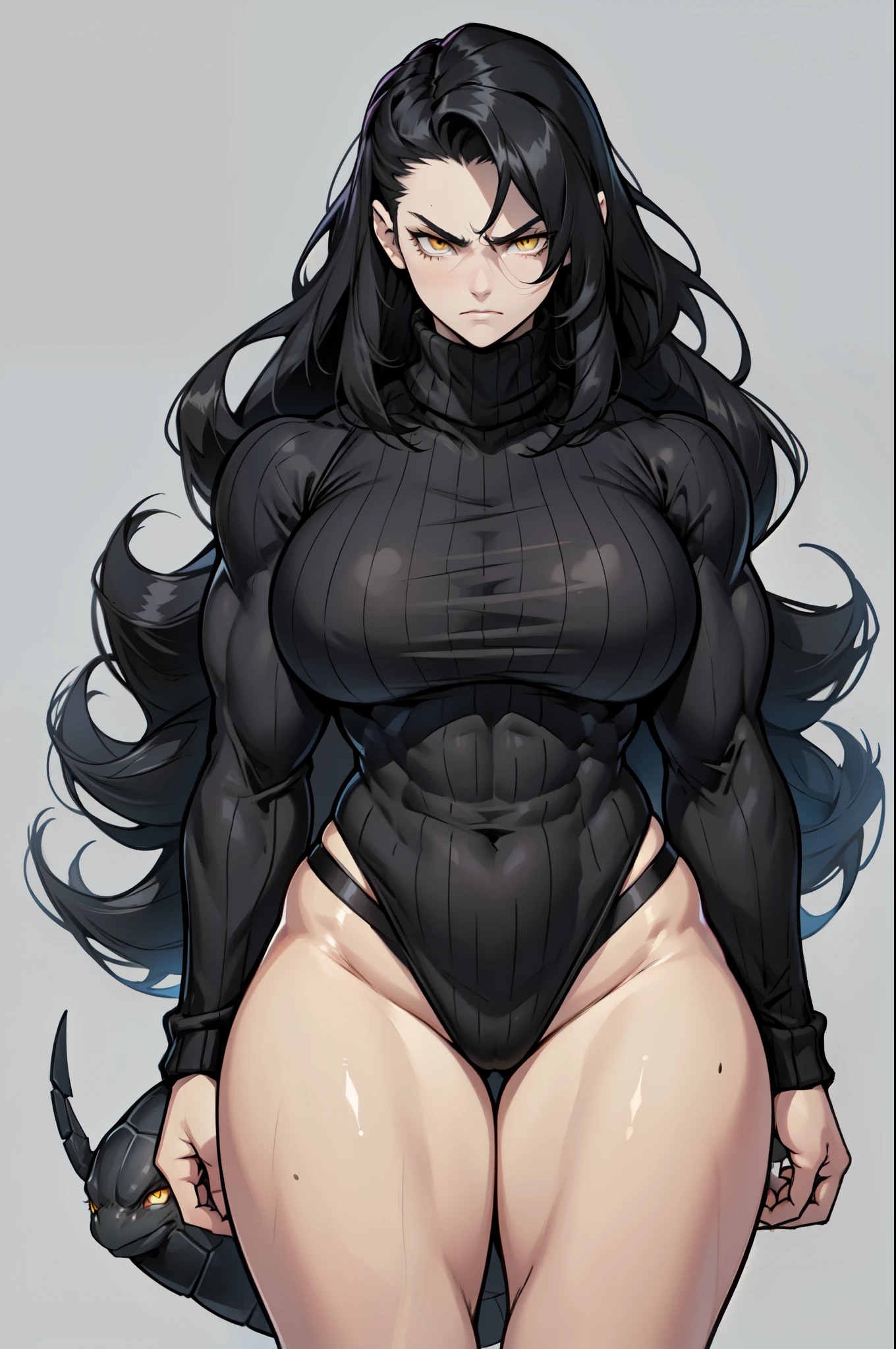 muscular 1 girl thick thighs large breasts curvy wide hips, pale skin yellow eyes black hair long hair angry