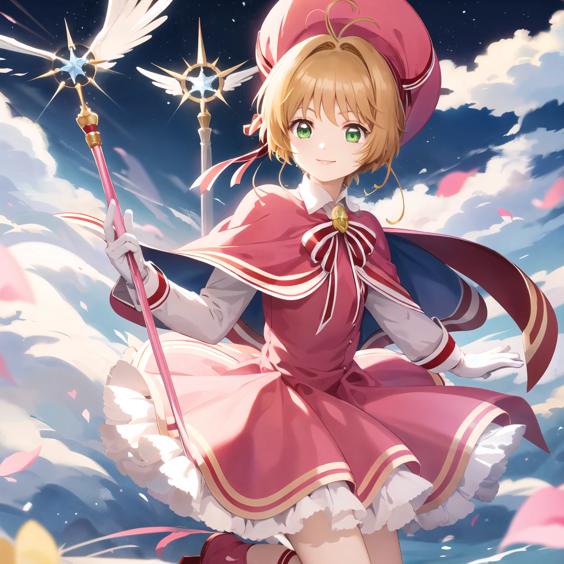 masterpiece, Best Quality, High resolution, Sakura Kinomoto, One girl, Brown Hair, short hair, Antenna Hair, Pink hat, green eyes, Capelet, Pink Dress, Striped ribbon, Long sleeve, White gloves, Staff with, Annoying, Wicked Smile,