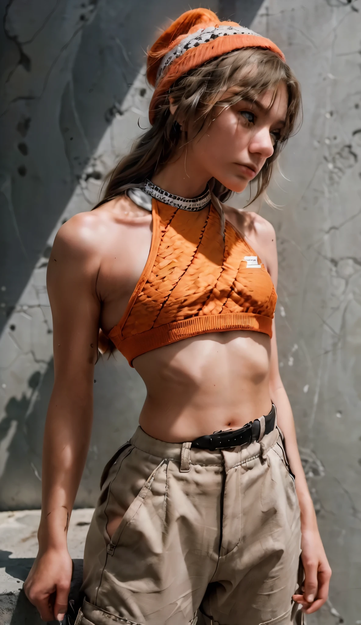 A stylish young woman posing confidently in a vibrant urban outfit. She wears a bright orange crop top paired with checkerboard-patterned cargo pants featuring black mesh overlays. Her accessories include a matching orange beanie and wristbands, along with a long, orange belt adding an edgy touch to her look. The ensemble is completed with white sneakers, and her braided hair adds a dynamic flair to her modern, streetwear aesthetic. The lighting is sharp, casting a strong shadow on the neutral background, emphasizing the bold colors and textures.

((vibrant urban outfit)), ((bright orange crop top)), ((checkerboard cargo pants)), ((black mesh overlays)), ((orange beanie and wristbands)), ((long orange belt)), ((white sneakers)), ((braided hair)), ((sharp lighting)), ((strong shadow)), ((neutral background)) BREAK ((highres:1.5)), ((best quality:1.6)), ((fashion photography:1.4)), ((streetwear aesthetic:1.3)).