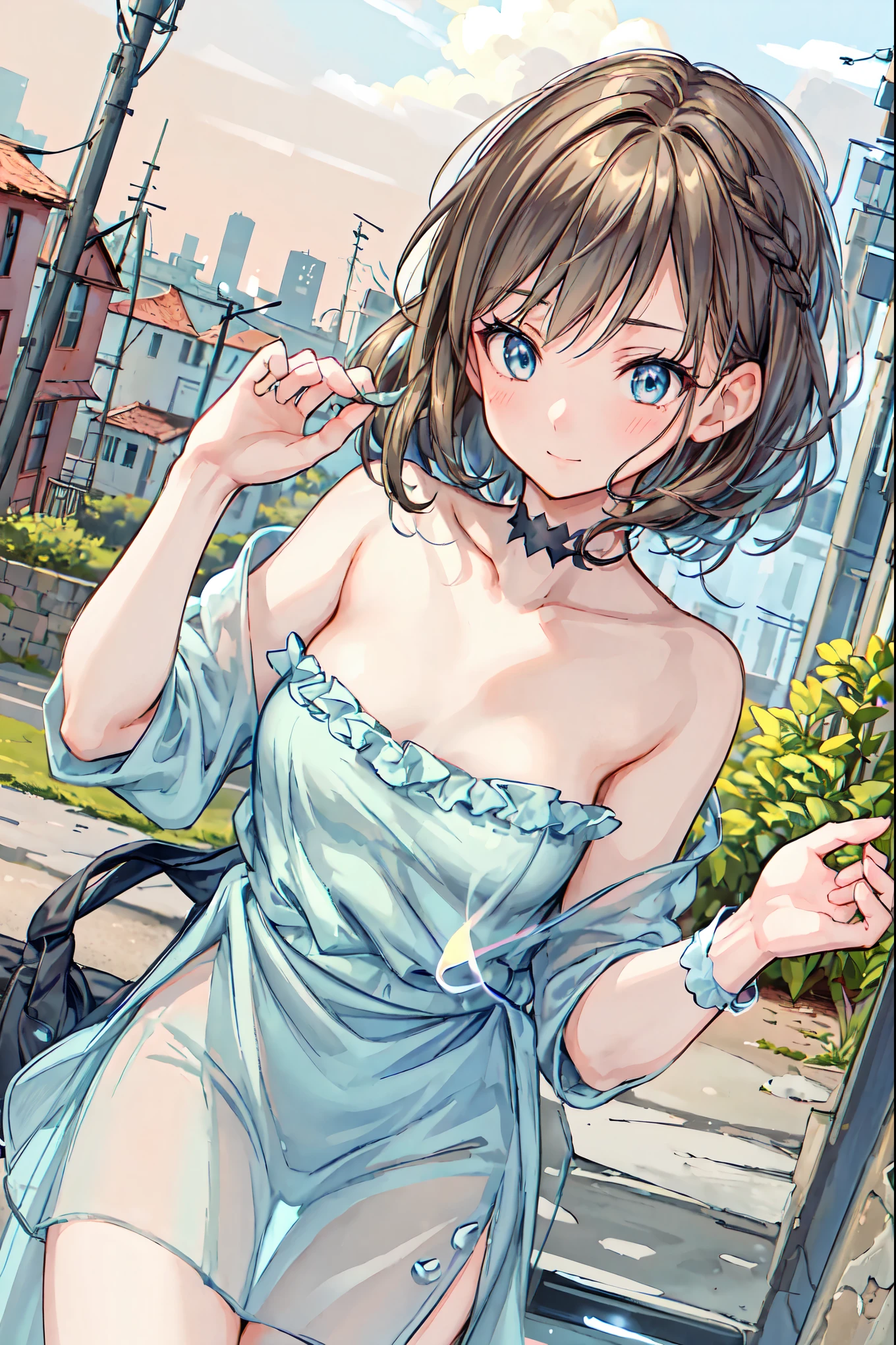 NSFW,(masterpiece:1.3, highest quality, ultra high resolution, super detailed), (realistic, photorealistic:1.4), beautiful illustrations, perfect lighting, Natural light, colorful, Depth of the bounds written,
beautiful fine hair, beautiful and detailed face, detailed and beautiful eyes, beautiful clavicle, beautiful body, beautiful breasts, beautiful thighs, beautiful feet, beautiful fingers,
looking at the viewer, (face focus, Upper body), One girl showing her breasts, Japanese, high school girl, perfect face, (perfect anatomy, anatomically correct), Cute symmetrical face, baby face, , shiny skin,
(long hair:1.7, straight hair:1.0, dark blue hair), ((parted bangs, amount)), , blue eyes, slanted eyes, long eyelash, (medium breasts:1.6, tight ass, seductive thighs), thin,
((topless,She is taking off her gray V-neck dress.,My chest is sticking out,erect nipples,areola, Black belt, garnet necklace)), Black shoulder bag,
(beautiful scenery), morning, (downtown), walk, (enchanting smile, Small with open mouth),