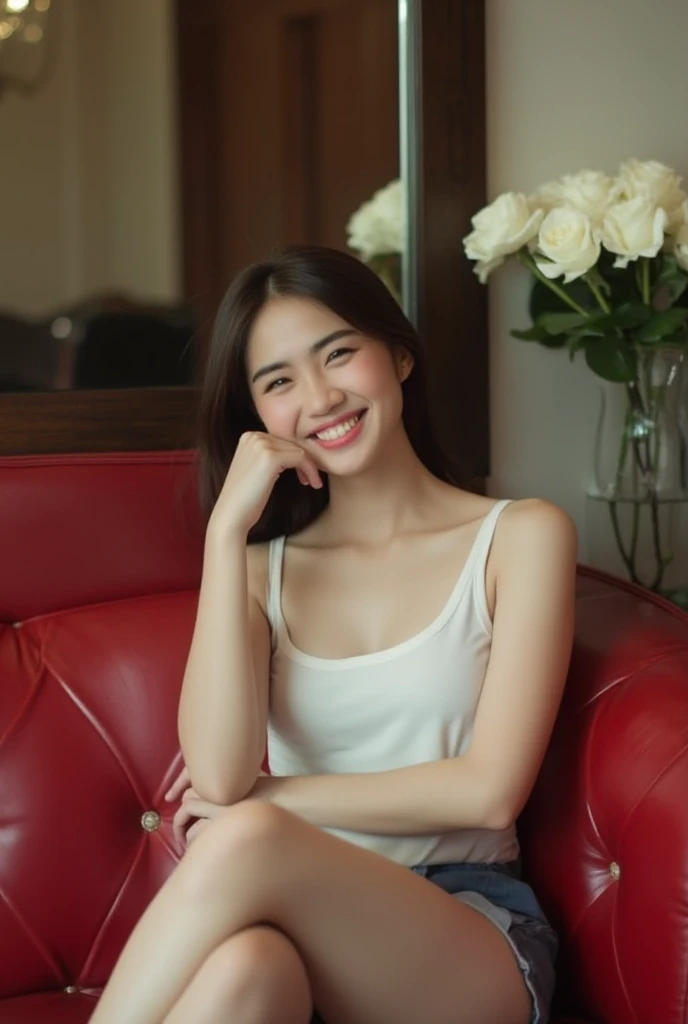 A young Asian woman lounges on a plush red leather sofa, wearing a crisp white tank top and a short blue skirt, her left hand resting on her lap and her right hand crossed over her right leg. A bright smile adorns her face, illuminating her features. The sofa is situated in front of a large mirror, where a vase of pure white roses sits elegantly to the right, against a blurred backdrop suggesting a luxurious hotel lobby.