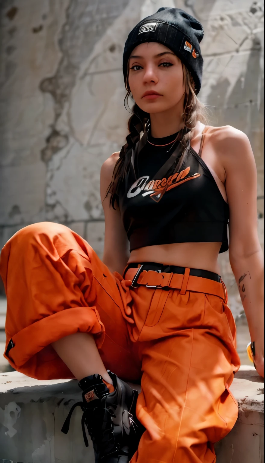 A stylish young woman posing confidently in a vibrant urban outfit. She wears a bright orange crop top paired with checkerboard-patterned cargo pants featuring black mesh overlays. Her accessories include a matching orange beanie and wristbands, along with a long, orange belt adding an edgy touch to her look. The ensemble is completed with white sneakers, and her braided hair adds a dynamic flair to her modern, streetwear aesthetic. The lighting is sharp, casting a strong shadow on the neutral background, emphasizing the bold colors and textures.

((vibrant urban outfit)), ((bright orange crop top)), ((checkerboard cargo pants)), ((black mesh overlays)), ((orange beanie and wristbands)), ((long orange belt)), ((white sneakers)), ((braided hair)), ((sharp lighting)), ((strong shadow)), ((neutral background)) BREAK ((highres:1.5)), ((best quality:1.6)), ((fashion photography:1.4)), ((streetwear aesthetic:1.3)).