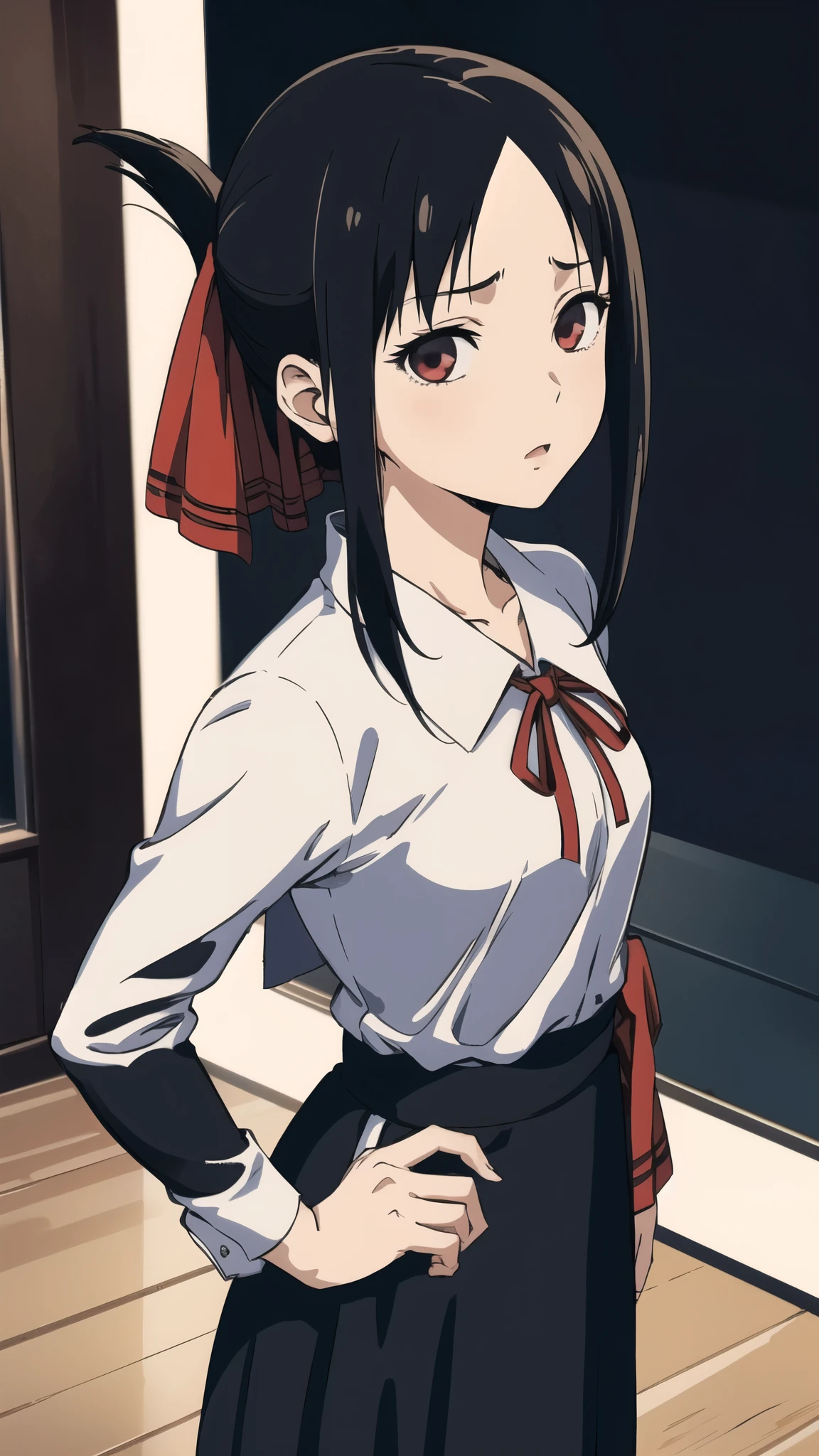 thick outlines, comics, photorealistic, 1girl, solo, small breasts, standing, shinomiya_kaguya, parted bangs, red ribbon, hair ribbon, folded ponytail, black dress, school uniform, long sleeves, neck ribbon, office, detailed background, detailed face, detailed eyes, 