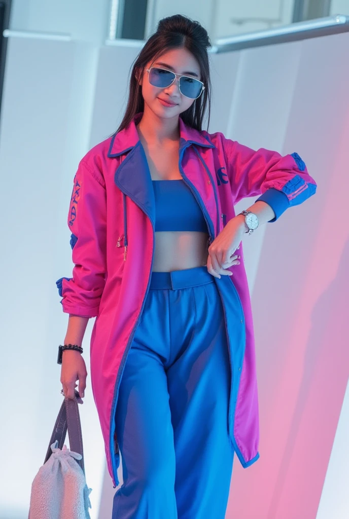 Midframe shot of a 2 model with dark hair, styled in bold modern attire featuring contrasting bright pink and electric blue hues. The branded pieces - a chunky silver watch and oversized sunglasses - are creatively integrated into the outfit, adding an edgy touch to the overall look. Set against a stark white backdrop, the city's gritty atmosphere is subtly hinted at through the darkened skyscrapers outside the studio window. The model strikes a confident pose, one hand resting on their hip as they gaze directly into the camera lens. Options include capturing her from above, looking down with a sly smile, or in mid-motion, walking towards the viewer.