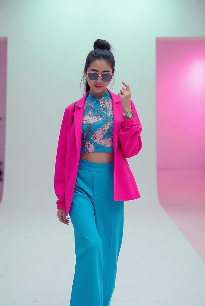 Midframe shot of a 2 model with dark hair, styled in bold modern attire featuring contrasting bright pink and electric blue hues. The branded pieces - a chunky silver watch and oversized sunglasses - are creatively integrated into the outfit, adding an edgy touch to the overall look. Set against a stark white backdrop, the city's gritty atmosphere is subtly hinted at through the darkened skyscrapers outside the studio window. The model strikes a confident pose, one hand resting on their hip as they gaze directly into the camera lens. Options include capturing her from above, looking down with a sly smile, or in mid-motion, walking towards the viewer.