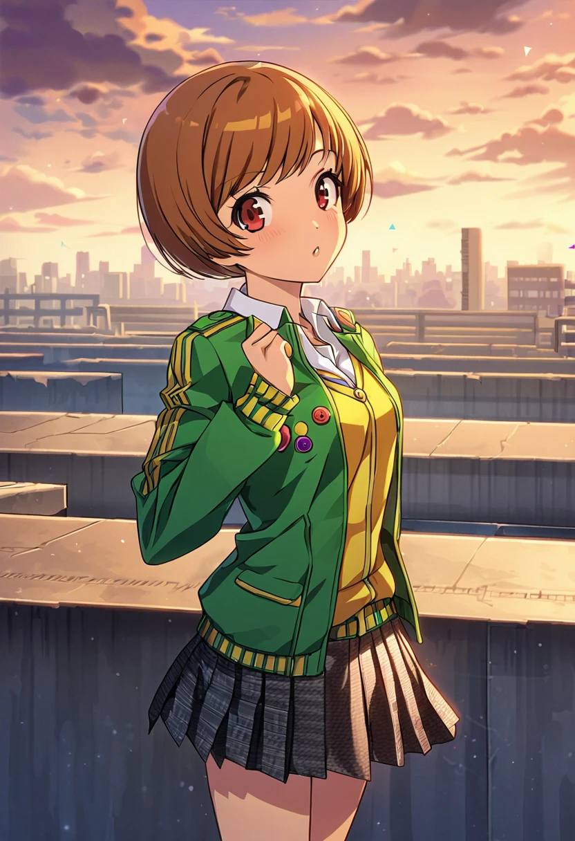 (score up_9, score up_8, score up_7,score up_6,score up_5,score up_4),source_anime, rating_safety,Masterpiece, best quality, hyper detailed, Super fine illustration, 8k,front view,BREAK 1girl,Chie Satonaka,red cheeks,Alone,BREAK green jacket,school uniform,BREAK standing,BREAK I have a present。BREAK love atmosphere,BREAK School Rooftop,cloudy,detailed background,BREAK inspired from Persona4,(lora:0.7),2000s,anime style,