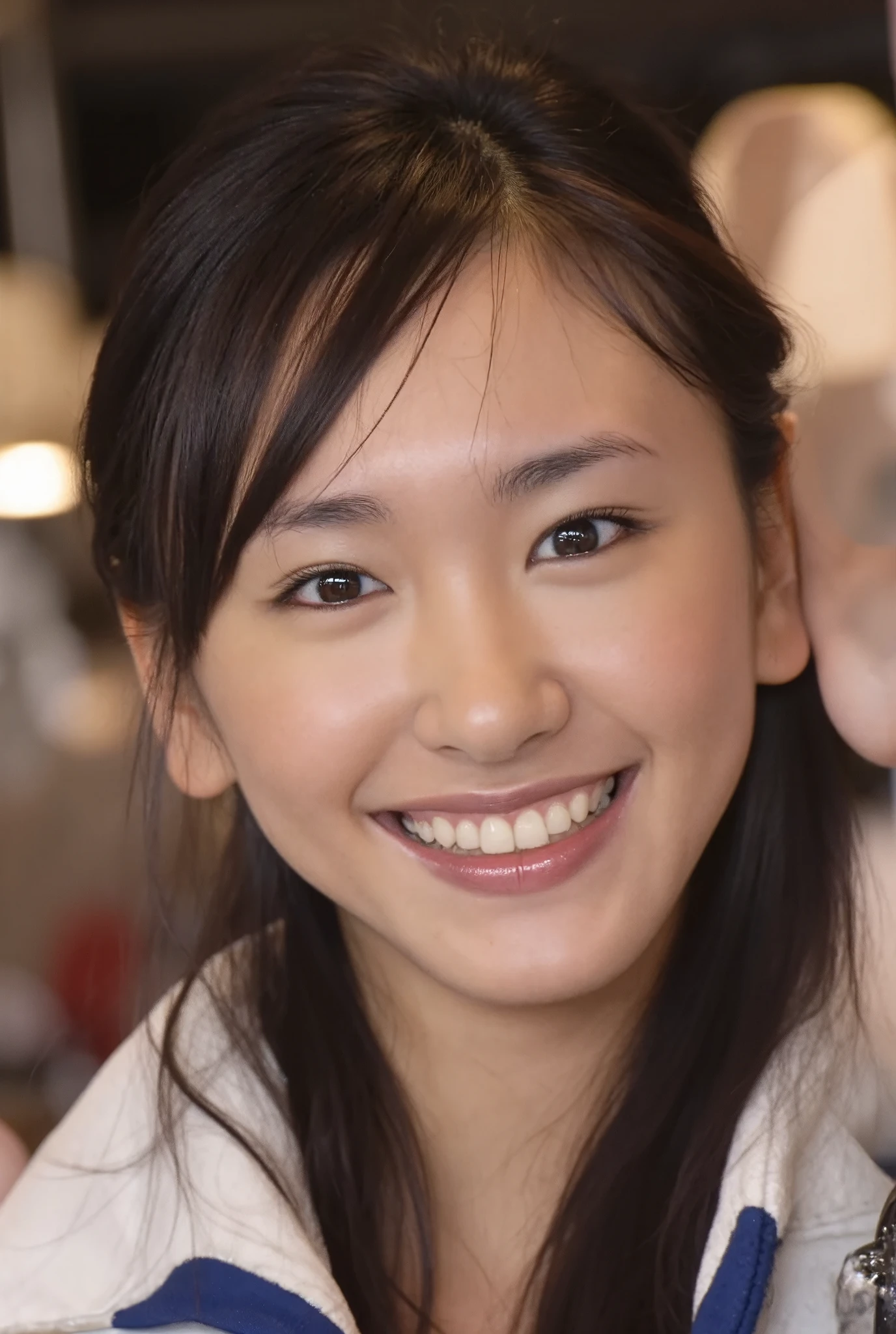 smile, (Best Quality:1.5), (Skin texture and pores:1.7), Sharp focus captures the entire face、Creates natural shadows on the cheeks and forehead, (HDR:1.4), Pores and fine skin details are realistically depicted.、Lighting enhances skin texture (Skin Detail:1.8), The lips have a slight sheen、The natural pink color creates an elegant reflection of light., The hair is realistically expressed.、The background is blurred, giving it a luxurious feel with studio lighting. (Background Blur:1.3)