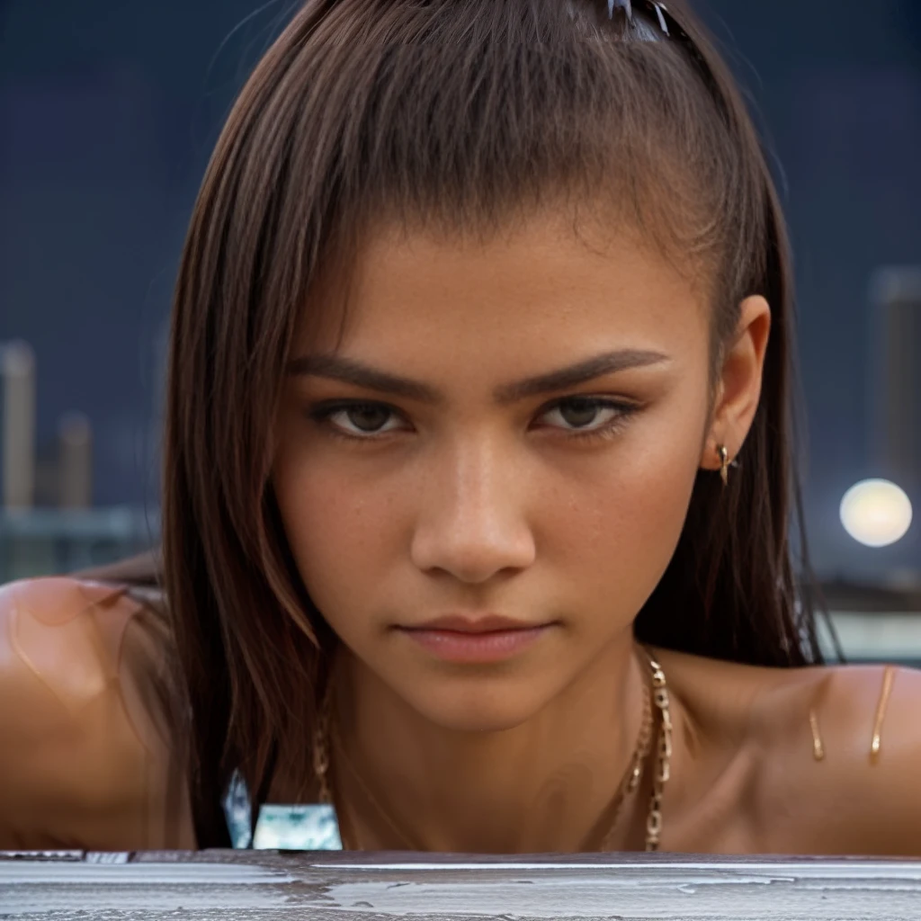 (zendaya:.4), (32k:1.5, Highest quality, masterpiece, Ultra-high resolution), Professional camera work:1.6, Highly detailed skin and face textures:1.3, Captivating portrait:1.2, Very accurate, Very detailed, 1 adult female, ((Amazing night view from the rooftop:1.4, The moonlight at night illuminates my body)), Incredibly slim body, sense of loss, Sadness, Expressions of sadness,  Small face, A dreamy look:1.0,  (Wet dark brown medium length hair), Candles, The chest is medium, Earrings, necklace, bracelet, (romantic, mysterious)