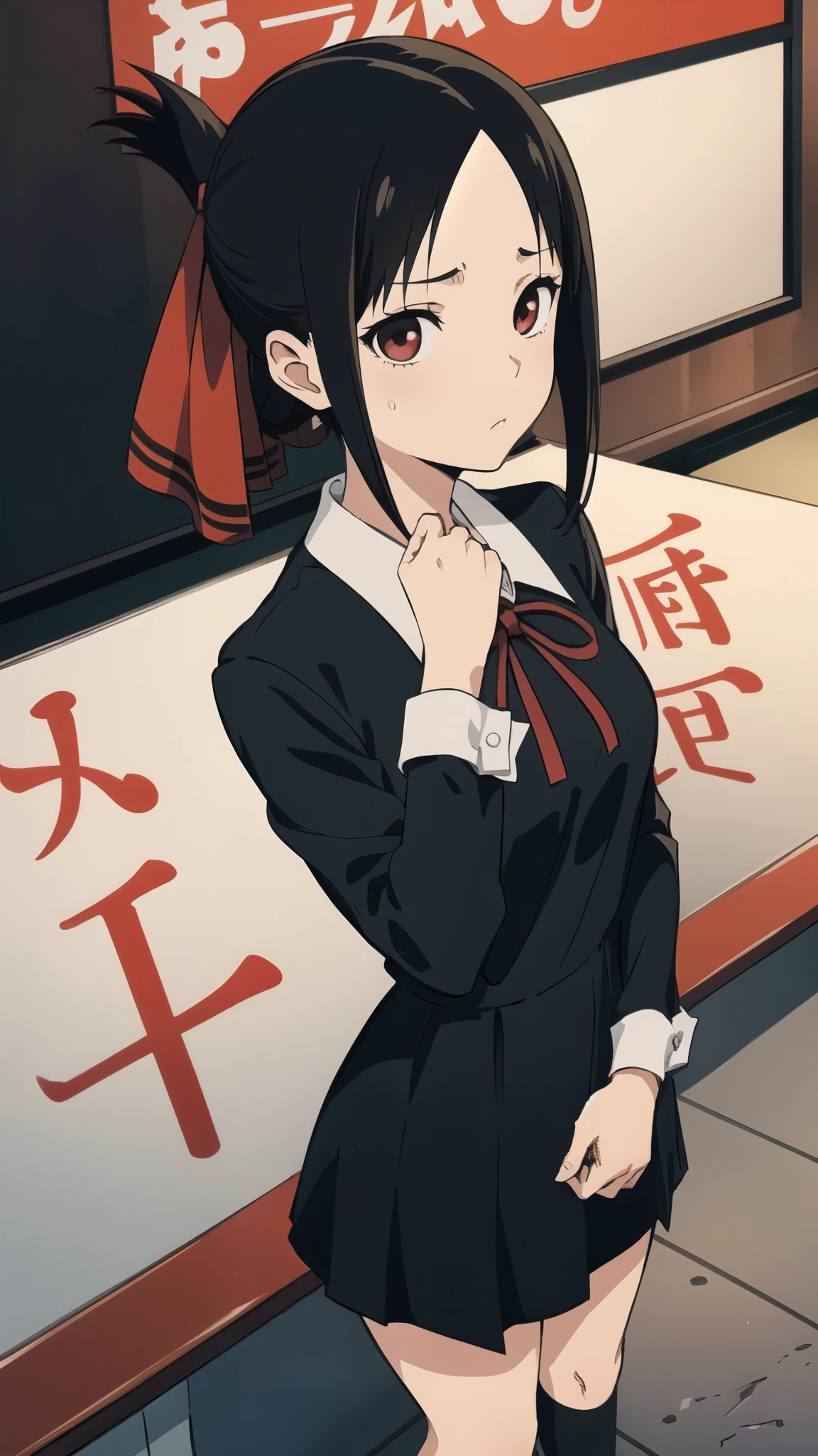 thick outlines, comics, photorealistic, 1girl, solo, small breasts, standing, shinomiya_kaguya, parted bangs, red ribbon, hair ribbon, folded ponytail, black dress, school uniform, long sleeves, neck ribbon, office, detailed background, detailed face, detailed eyes, 