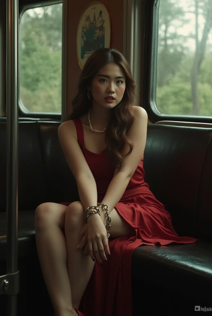 A stunning beauty sits calmly on a train seat, her high heels clicking softly against the floor. The camera captures her elegance from across the compartment, framing her in a flattering shot. Her skirt falls delicately to her knees, while shackles adorn her wrists, adding an air of mystery. A shocked expression plays on her face, yet she remains poised with perfectly styled long hair cascading down her back. A pearl necklace glimmers around her neck, completing the captivating scene.