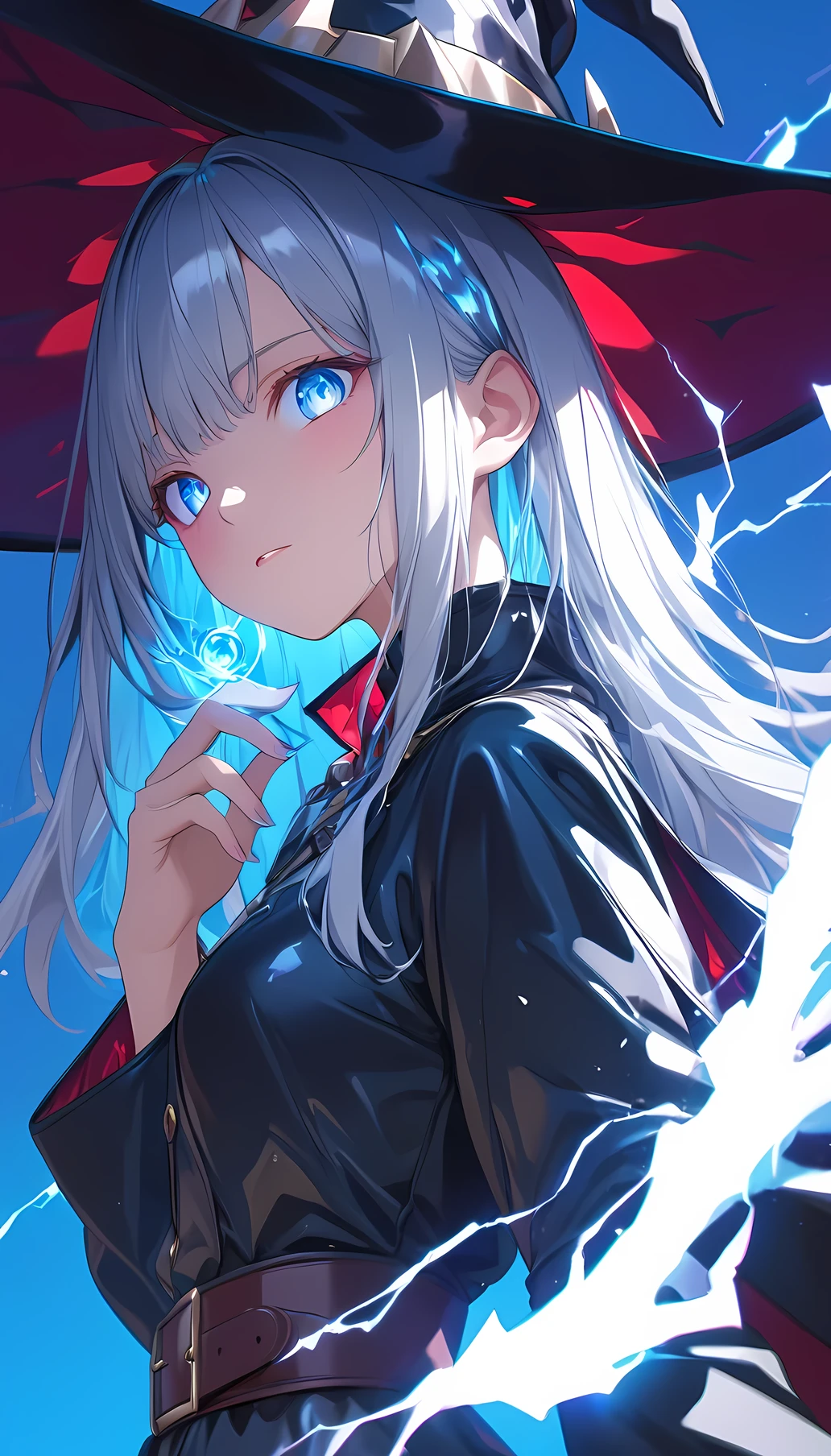 ((masterpiece)), (detailed), perfect face, high detailed eyes, ray tracing, super detail, textured skin, highres, Black leather coat, red inner shirt, leather belt, Wizard, witch, blue light, (Shoots blue lightning from her hand), silver hair, long hair, crystal hair, expressive hair, anime style