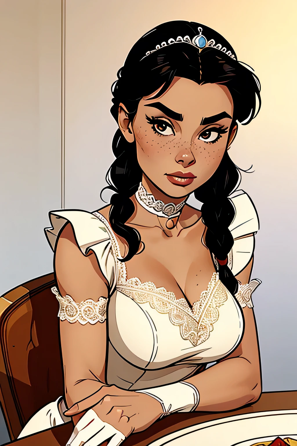 Athletic and thin woman, 25 years, 8k (High definition), thoughtful expression, seductive look, brown eyes, nose fine, wearing beige royal dress ((lace boat neckline, short puff sleeves)), pearl choker and tiara, arms positioned at the sides of the body, white skin, long straight black hair ((with a braid)), sitting at the dinner table ((upper body)), curvy with freckles on her chest and neck, Big, round breasts. Marvel style ((high quality)), white background.