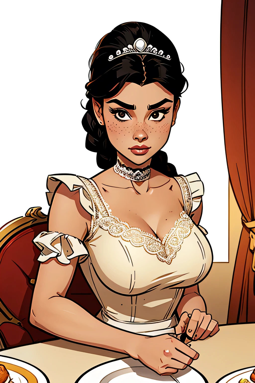Athletic and thin woman, 25 years, 8k (High definition), thoughtful expression, seductive look, brown eyes, nose fine, wearing beige royal dress ((lace boat neckline, short puff sleeves)), pearl choker and tiara, arms positioned at the sides of the body, white skin, long straight black hair ((with a braid)), sitting at the dinner table ((upper body)), curvy with freckles on her chest and neck, Big, round breasts. Marvel style ((high quality)), white background.