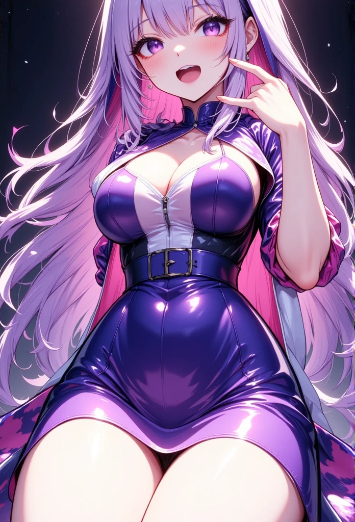 Young beautiful woman,(Best Quality,Extremely detailed depiction,Incredibly absurd high definition,Anatomically accurate,Beautiful legs,Detailed pupil,Porcelain-like skin,High quality anime drawings),(Brightly colored hoodies,skirt,tights),eyelash,(Purple Eyes,Half-closed eyes:2.0,Large Breasts,A seductive smile:2.0,Glossy lips,Flashy makeup,Seductive gestures,forward leaning posture,Mouth open),whole body:1.5,