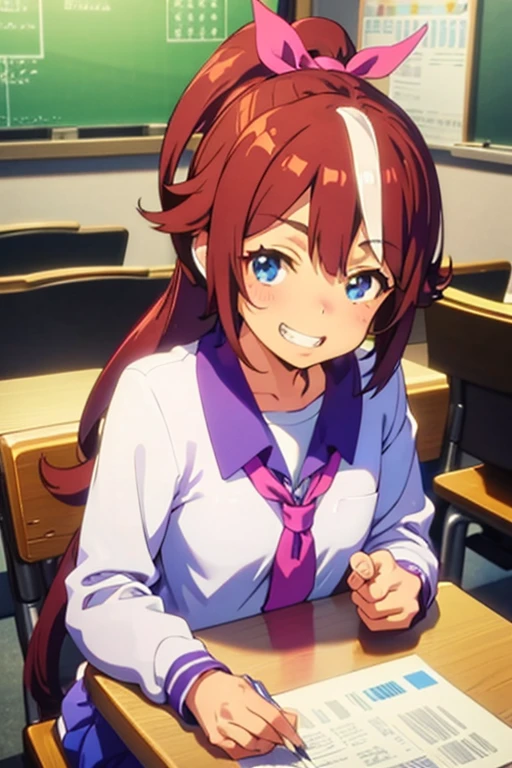 Tokai Teio,smile,high ponytail,fake animal tails,girl,best quality,grin,curtsey,head tilt,leaning forward,classroom