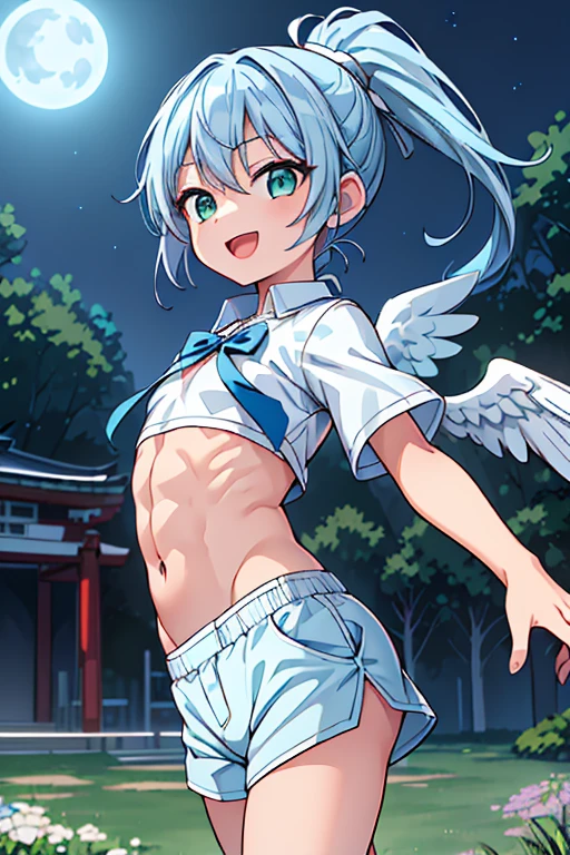 (((1boy))),((flat chest)),(((,shota((((from front)))),((dancing)),(abs,biceps),(((((solo))))),((cowboy shot)),(open mouth),(((happy,light smile))),(white wings),holy angel,(blue hair),(((ponytail))),(((green eyes))),light blue polo,white cape,((((blue shorts)))),white boots with red jewels,in Japanese garden of castle,(((moonlight))),(((best quality,masterpiece,highres,high quality,8k,higher,extremely detailed CG unity 8k wallpaper))),(((outdoor,field))),((((night))))