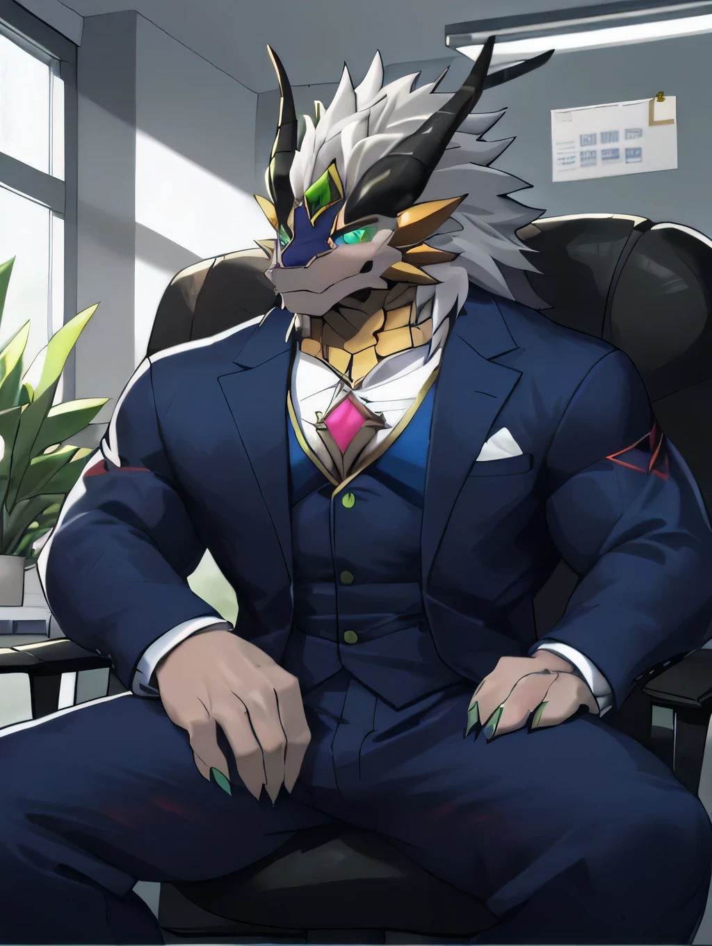 dragon，furry，Exquisite eyes，Fit body，Overbearing and rigorous personality，Sitting at the desk in the office，A paw holding a bottle，Drinking milk，Enjoying milk，Hot air blew out of the dragon&#39;s nose，Scar on cheek，Full of sexual tension，Wear a clean suit，The tail should not be too big or too small.，paw，Clear image，Ultra HD，high resolution，