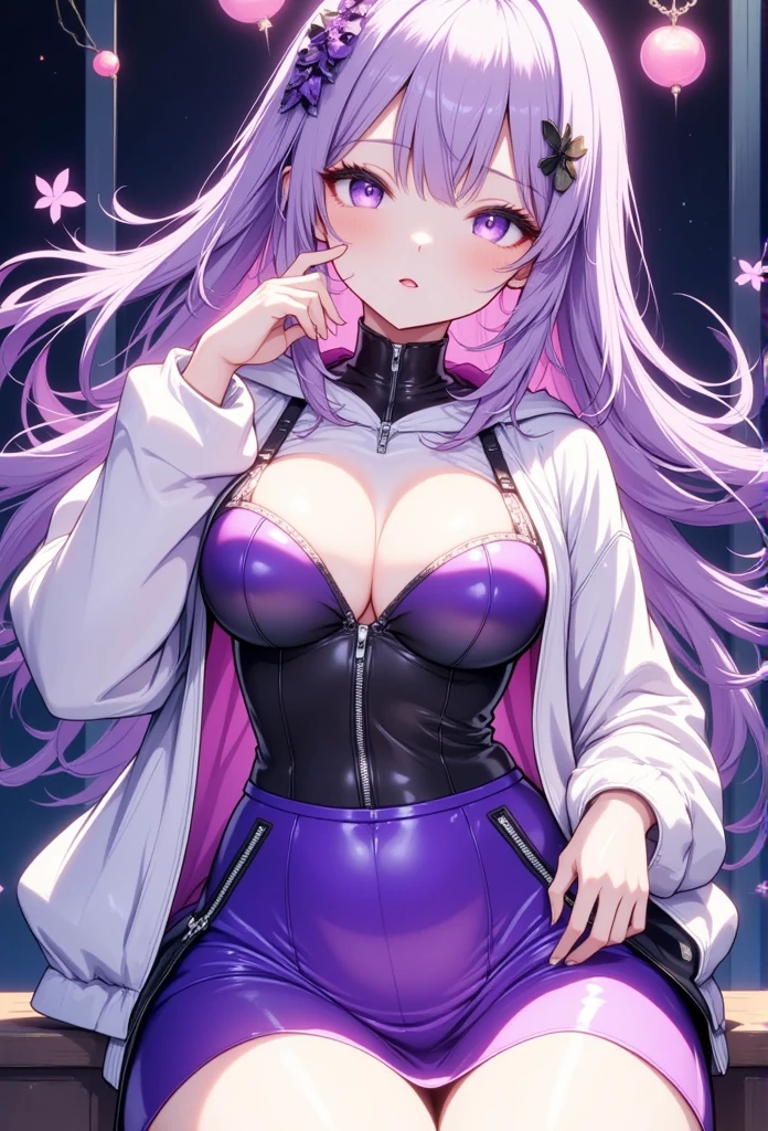 Young beautiful woman,(Best Quality,Extremely detailed depiction,Incredibly absurd high definition,Anatomically accurate,Beautiful legs,Detailed pupil,Porcelain-like skin,High quality anime drawings),(Brightly colored hoodies,skirt,tights),eyelash,(Purple Eyes,Half-closed eyes:2.0,Large Breasts,A seductive smile:2.0,Glossy lips,Flashy makeup,Seductive gestures,forward leaning posture:2.0,Mouth open),whole body:1.5,