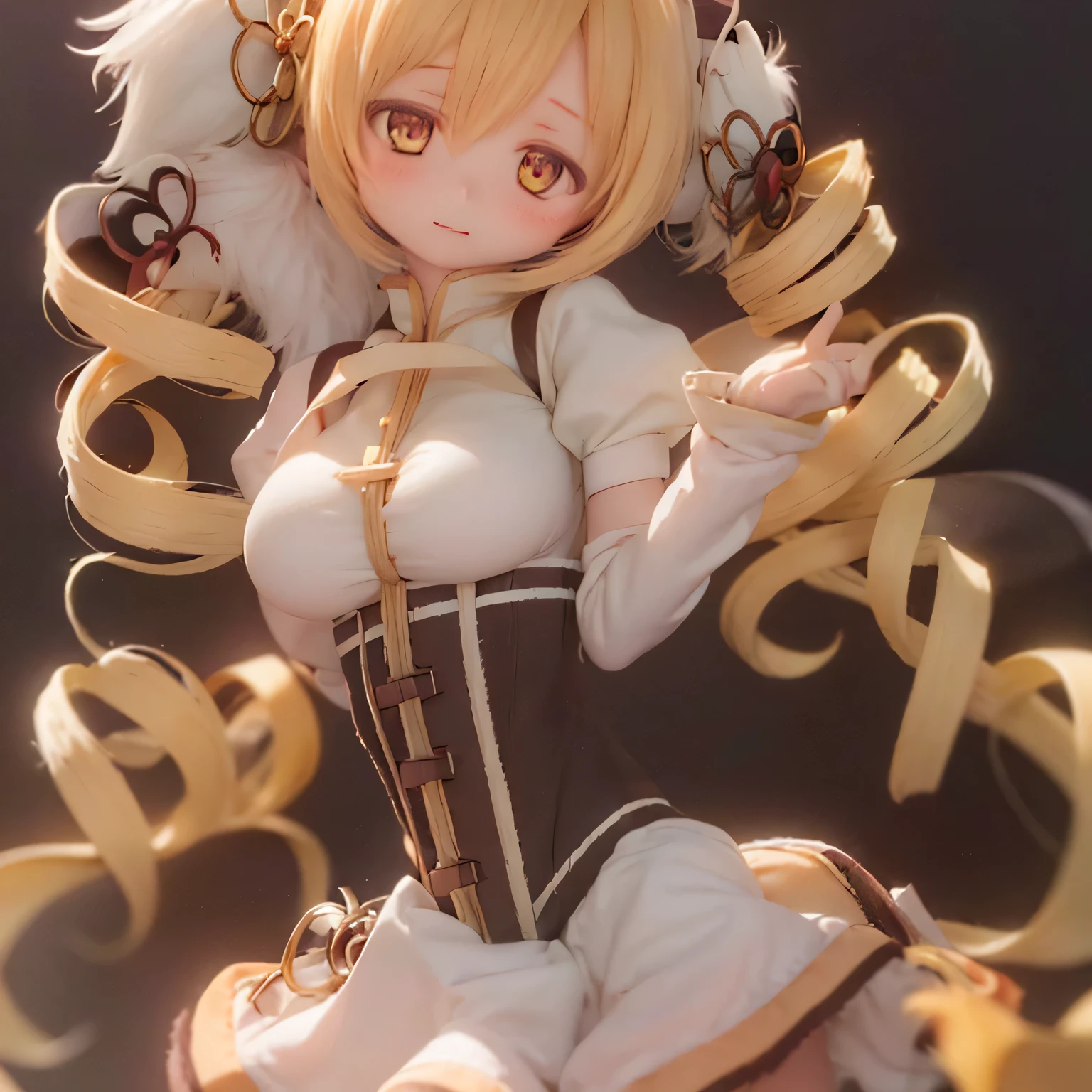 (Highest quality,ultra-detailed,masterpiece:1.2),Expressive eyes,Perfect Face,Beautiful Madoka Kaname,Pink long hair,Golden Eyes,Pink Lips,detailed,Anime Style,Vibrant colors,cute,Curvaceous and full,Blushing, Big Blonde Sexy pose, Accentuate your breasts, topless