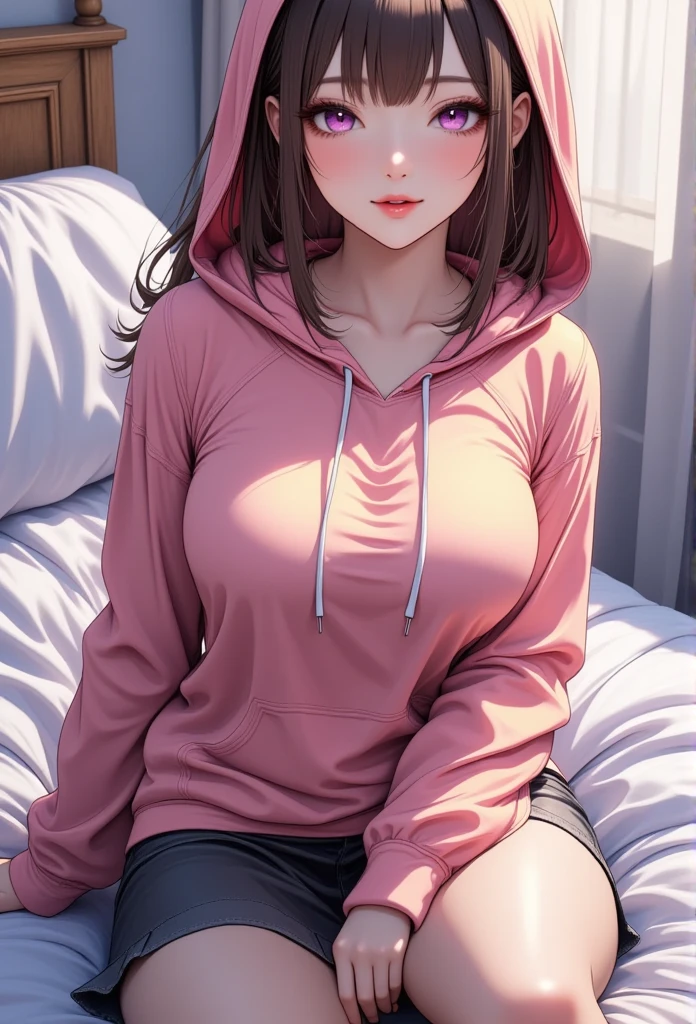 Young beautiful woman,(Best Quality,Extremely detailed depiction,Incredibly absurd high definition,Anatomically accurate,Beautiful legs,Detailed pupil,Porcelain-like skin,High quality anime drawings),(Brightly colored hoodies,skirt,tights),eyelash,(Purple Eyes,Half-closed eyes:2.0,Large Breasts,A seductive smile:2.0,Glossy lips,Flashy makeup,Seductive gestures,forward leaning posture:2.0,Mouth open),whole body:1.5,