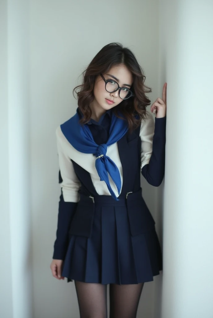 a young woman, dressed in a navy blue and white school uniform, adorned with a blue scarf tied around her neck. She is standing in front of a white wall, her hair cascading over her shoulders, adding a touch of movement to her face. She's wearing a pair of black framed eye glasses, her left hand resting on her hip. Her right hand is draped over her right shoulder, adding depth to the composition.