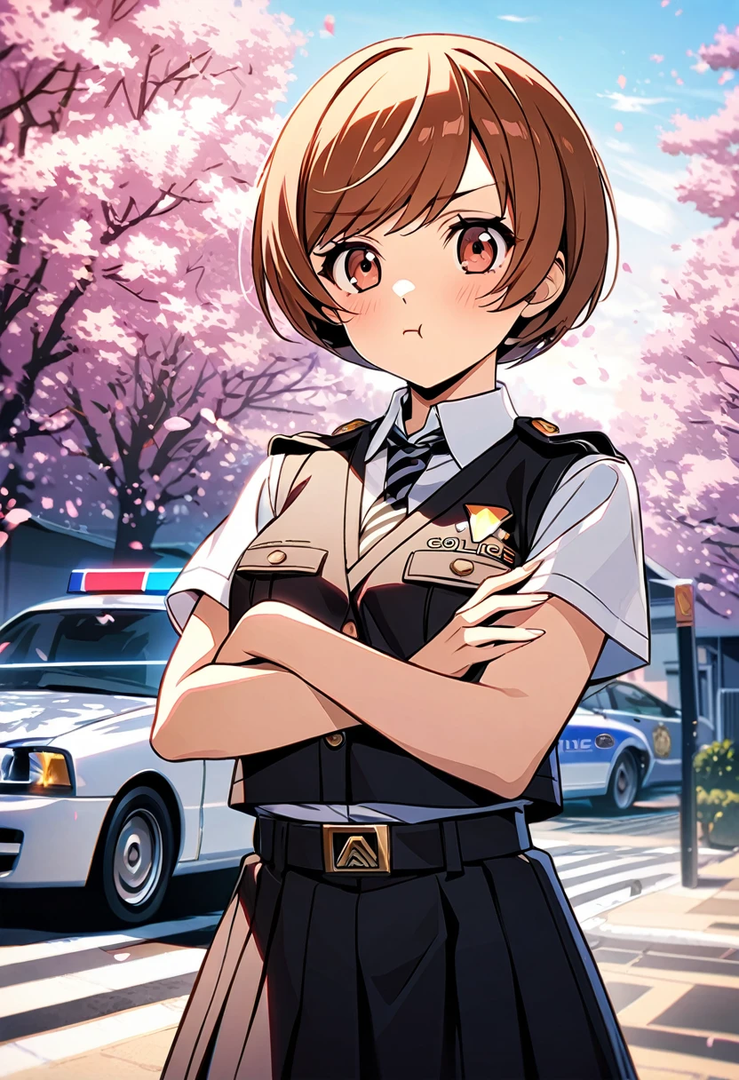 (score up_9, score up_8, score up_7,score up_6,score up_5,score up_4),source_anime, rating_safety,Masterpiece, best quality, hyper detailed, Super fine illustration, 8k,front view,cowboy shot,BREAK 1girl,Chie Satonaka,pout,Alone,BREAK Police uniforms,BREAK Standing with arms crossed,BREAK  BREAK happy atmosphere,BREAK Police car,In front of the station,countryside,cherry blossoms,detailed background,BREAK inspired from Persona4,(lora:0.7),2000s,anime style,