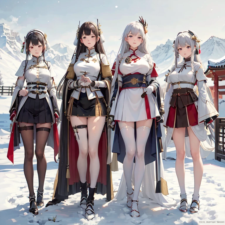 (Sketches), (number), Full body picture，Four girls posing side by side in dynamic poses, Note their white shaved legs, (Chinese imperial armor), (Japanese imperial armor), (Japanese imperial armor), (Empire Pension), (armor), , afternoon, Behind you are snow-capped mountains. Raw