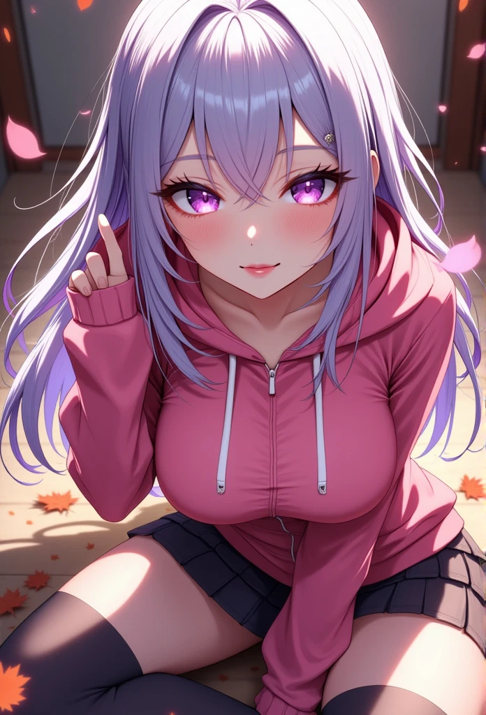 Young beautiful woman,(Best Quality,Extremely detailed depiction,Incredibly absurd high definition,Anatomically accurate,Beautiful legs,Detailed pupil,Porcelain-like skin,High quality anime drawings),(Brightly colored hoodies,Autumn outfit,skirt,tights),eyelash,(Purple Eyes,Half-closed eyes:2.0,Large Breasts,A seductive smile:2.0,Glossy lips,Flashy makeup,Seductive gestures,forward leaning posture:2.0,Mouth open),whole body:1.5,