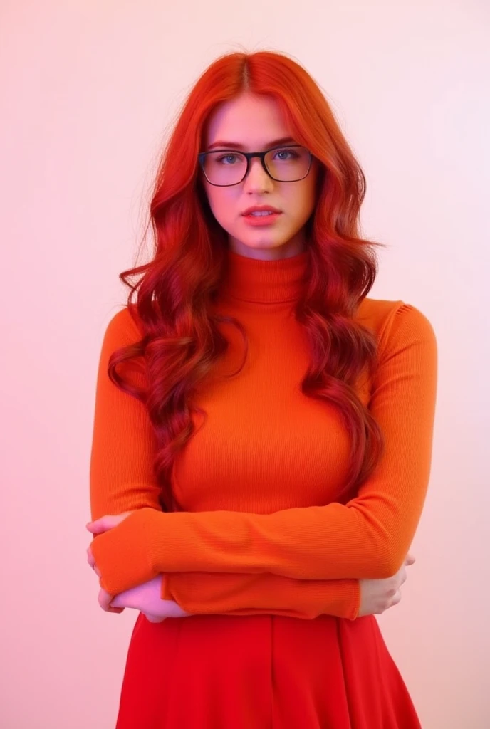 Vibrant red-haired woman stands confidently, arms wrapped around her waist, in front of a stark white backdrop subtly tinged with pink. Her fiery locks cascade down her shoulders, framing her heart-shaped face. She wears an orange turtleneck, flowing red skirt, and sleek black-rimmed glasses. Her piercing blue eyes sparkle beneath soft pink lips. The overall palette pops against the monochromatic background, drawing attention to her bold presence.