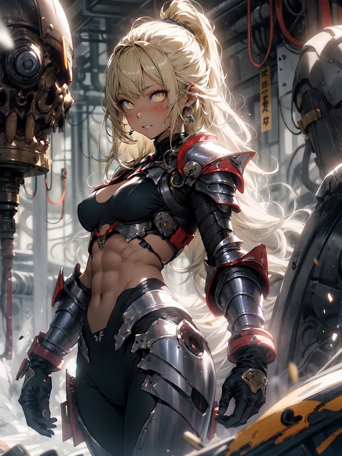 Be realistic,(masterpiece,highest quality,highest quality,Very detailed,Fractal Art,Most detailed,(The background is abstract:1.5)(1 girl),Kamimei,(Yellow hair ponytail),(Yellow eyes shine、Big Breasts、Toned Abs,Stunned),Abyss Stick、crystallization,Black Bikini、High leg、Sexy、Mechanical Armor、Sunburned skin、Demon Horn、Berserk、scratch