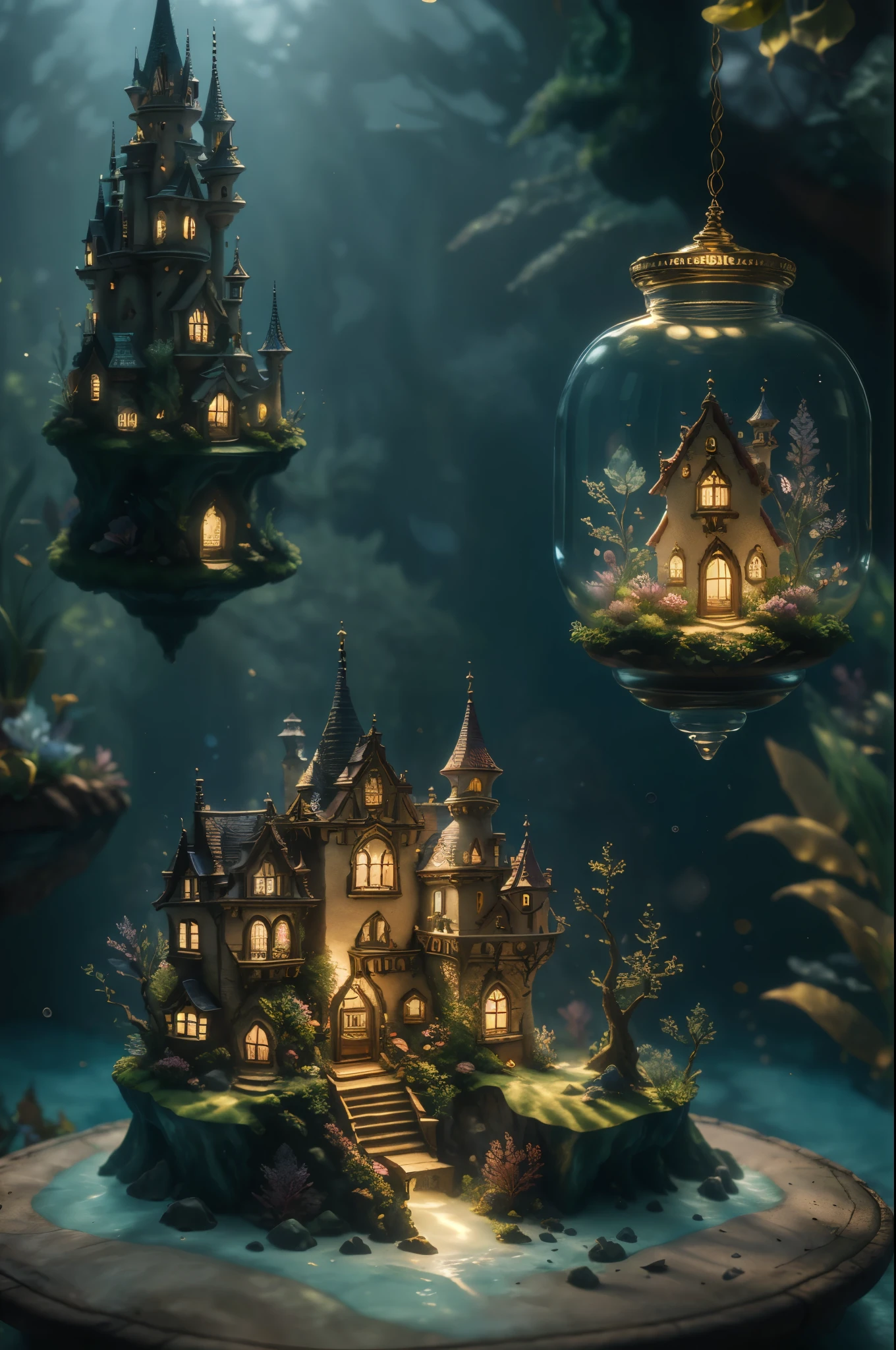 ((best quality)),absurdres,(ultra high res),octane render,(hyperrealistic:1.2), a glass jar with a house inside of it, beautiful render of fairytale, golden miniature, enchanted dreams, beautiful art, blurry background, (realistic:1.7), (8k), (Masterpiece),  (studio lighting),  