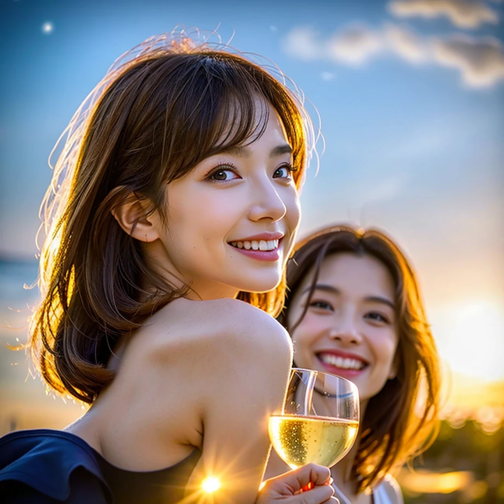 ((Highest quality、、masterpiece:1.3))、1 male、1 female,36 years old 39 years old、Slim Beauty、Beautiful couple、Upper Body、smile、 (Slim face), (the body is スリム), (Brown Hair), (Shortcuts), テーブルのフルコースディナーとwine glass、Amazing view of the sunset sky and clouds、smileの美しさ、Wine bottle、sparkling wine、Long sleeve shirt、dress、White wine, red wine, wine glass, Beautiful fine grain, Depth f/2,saturation, High Contrast, Strong light and shadow,Moist Body:1.5、 texture、The hair is very shiny、