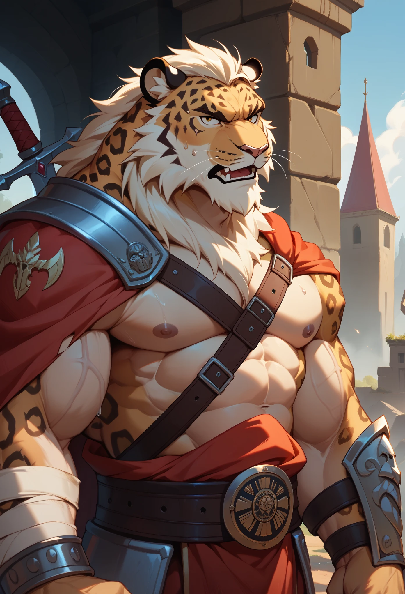 Best quality, masterpiece,ultra high res,detailed background,realistic, real shadow and light,depth of field, looking at the viewer, strong arm and veins, (furry male), (Leopard furry), Warrior armor, greatsword on his back, older, elder, beard, Sexy body, angry face, sweat body, bandage on shoulder and arm, injured, bandage on body, warzone, battlefield, morning, morning breeze, Buffy, old guy, middle aged, half body, close up, buffy, muscle, open mouth, huge scar on his body, ancient rune.