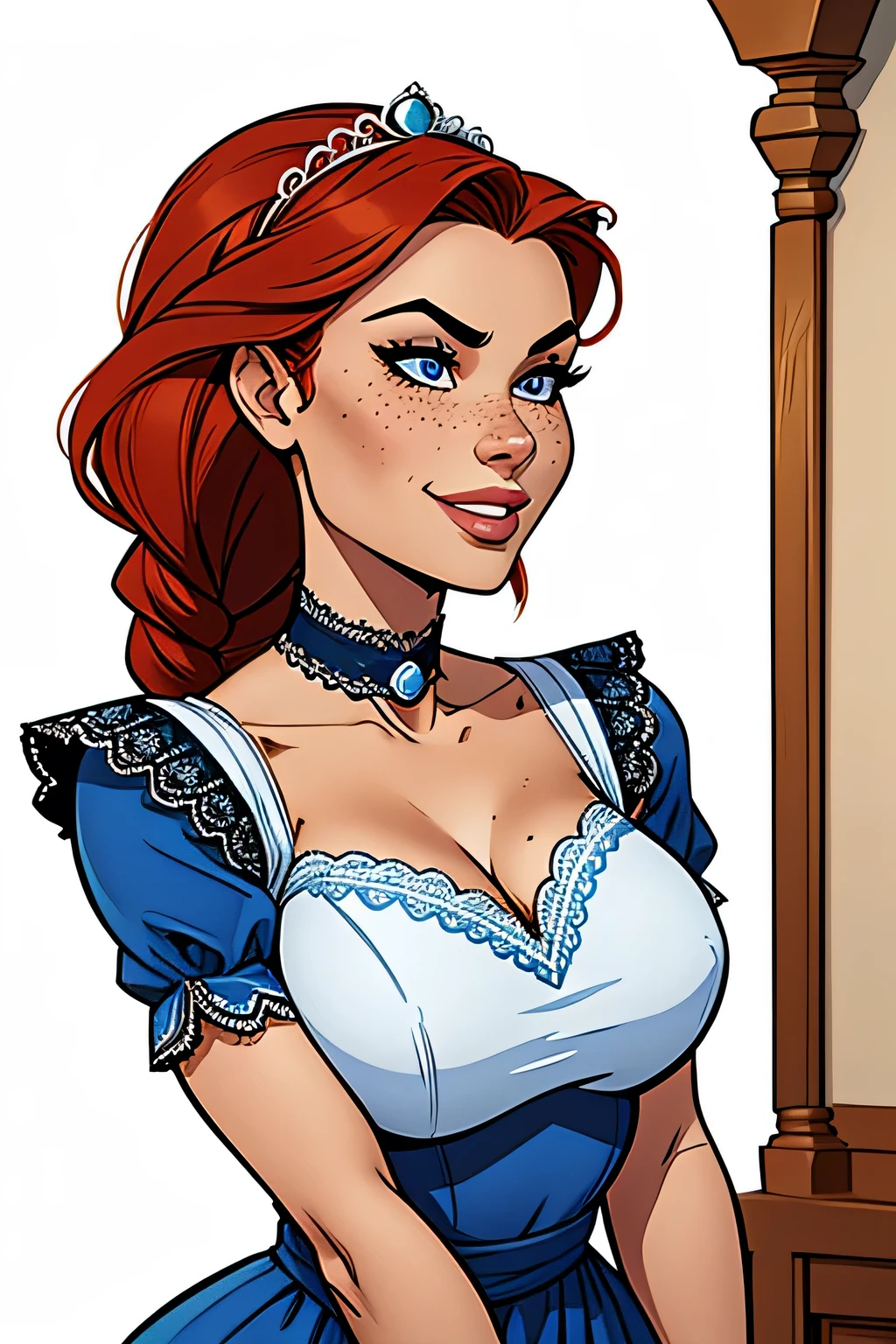 Thin woman, 4K (High definition), beautiful smiling, professor wearing a purple V-neck dress shirt (with ruffles), black belt, long white curly hair, Caucasian skin, round glasses, shoulder length wavy red hair, eyes browns, busty with freckles. comic style, white background.