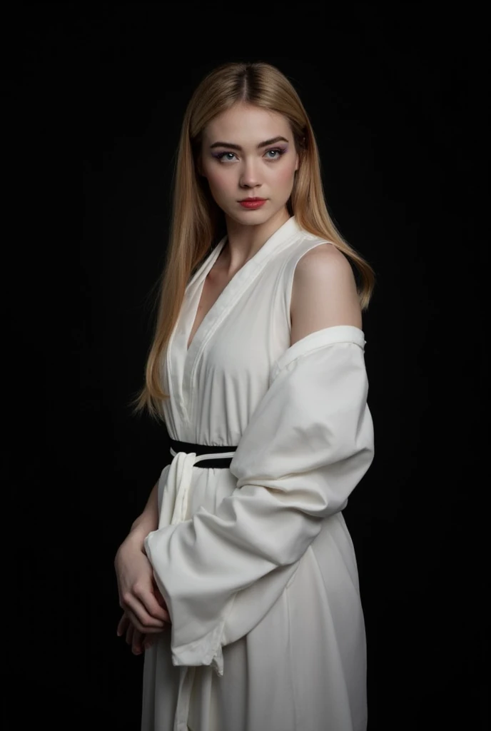 a close-up shot of a blonde woman with long, straight blonde hair stands against a black backdrop. She is wearing a white sleeveless kimono with a black belt tied around her waist. The dress is tied at the waist, adding a touch of contrast to her outfit. Her eyebrows are adorned with a small purple dot, adding depth to the scene. Her lips are painted a vibrant red, while her eyes are a deep blue. Her left hand is positioned on the left side of the frame.