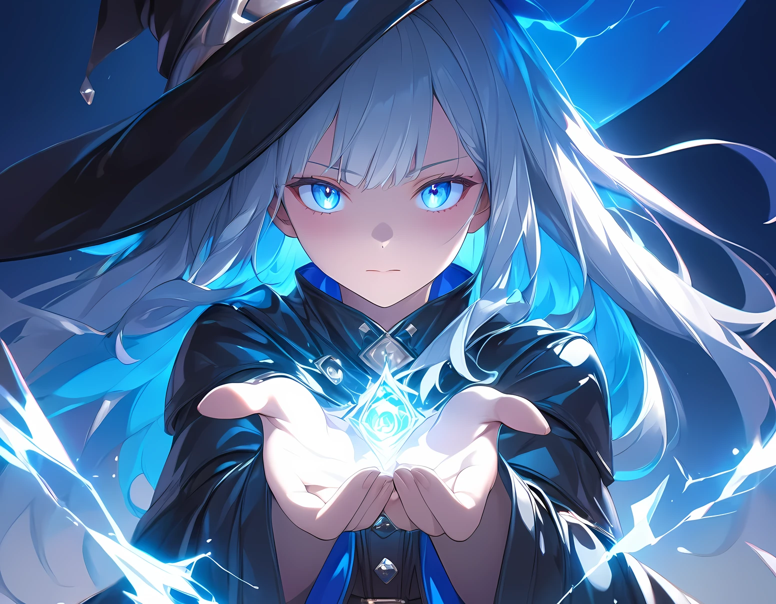 ((masterpiece)), (detailed), perfect face, high detailed eyes, ray tracing, super detail, textured skin, highres, Black leather coat, red inner shirt, leather belt, Wizard, witch, blue light, (Shoots blue lightning from her hand), silver hair, long hair, crystal hair, expressive hair, anime style, Thrust her hands forward and radiate magical light