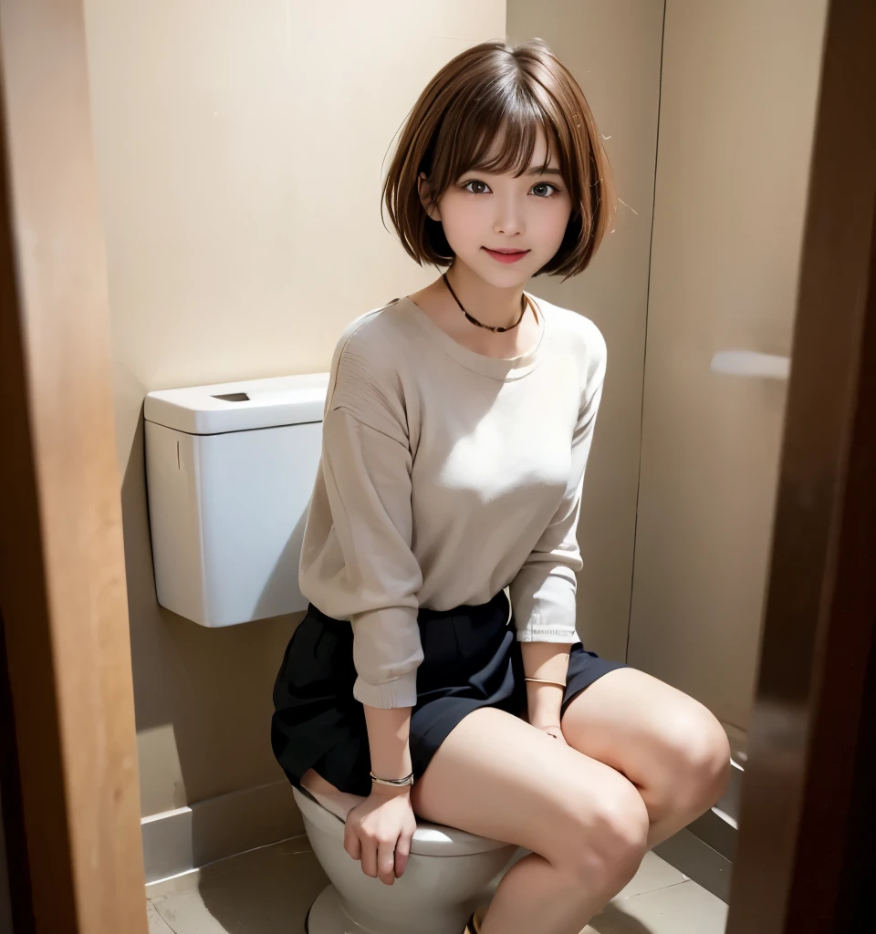 Best Quality、8k、No makeup、masterpiece、Ultra-high resolution、Clear Photo、Professional Lighting、Natural Light、(Very cute girl、Beautiful girls、Cute Yoda Yuki、The cutest in the world)、baby face、Small Face、Small breasts、I can see her slit.、Ultra slim、Narrow waist、Slender body、(Very short hair:1.6)、Brown Hair:1.8、Beautiful Hair、Thin legs、smile、(In the toilet、Sitting on the toilet、Sitting on the toilet)、(Wear a miniskirt、Lift up your skirt、(Please pull your pants down to your ankles...:1.8、Pull your pants down to your ankles:1.6、Take off your panties:1.8、Hang your trousers around your ankles))、(urination、While peeing)、Full body photo