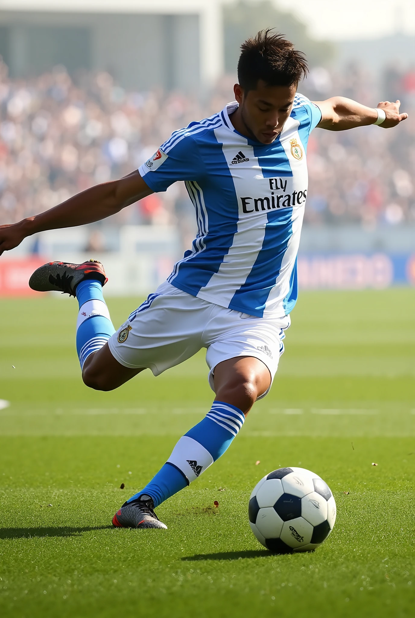 BShoot, shooting a shot. Posing just before kicking the ball as hard as he can. His left foot is pulled far back, and he balances on his right foot while rotating his upper body just before releasing a powerful shot.