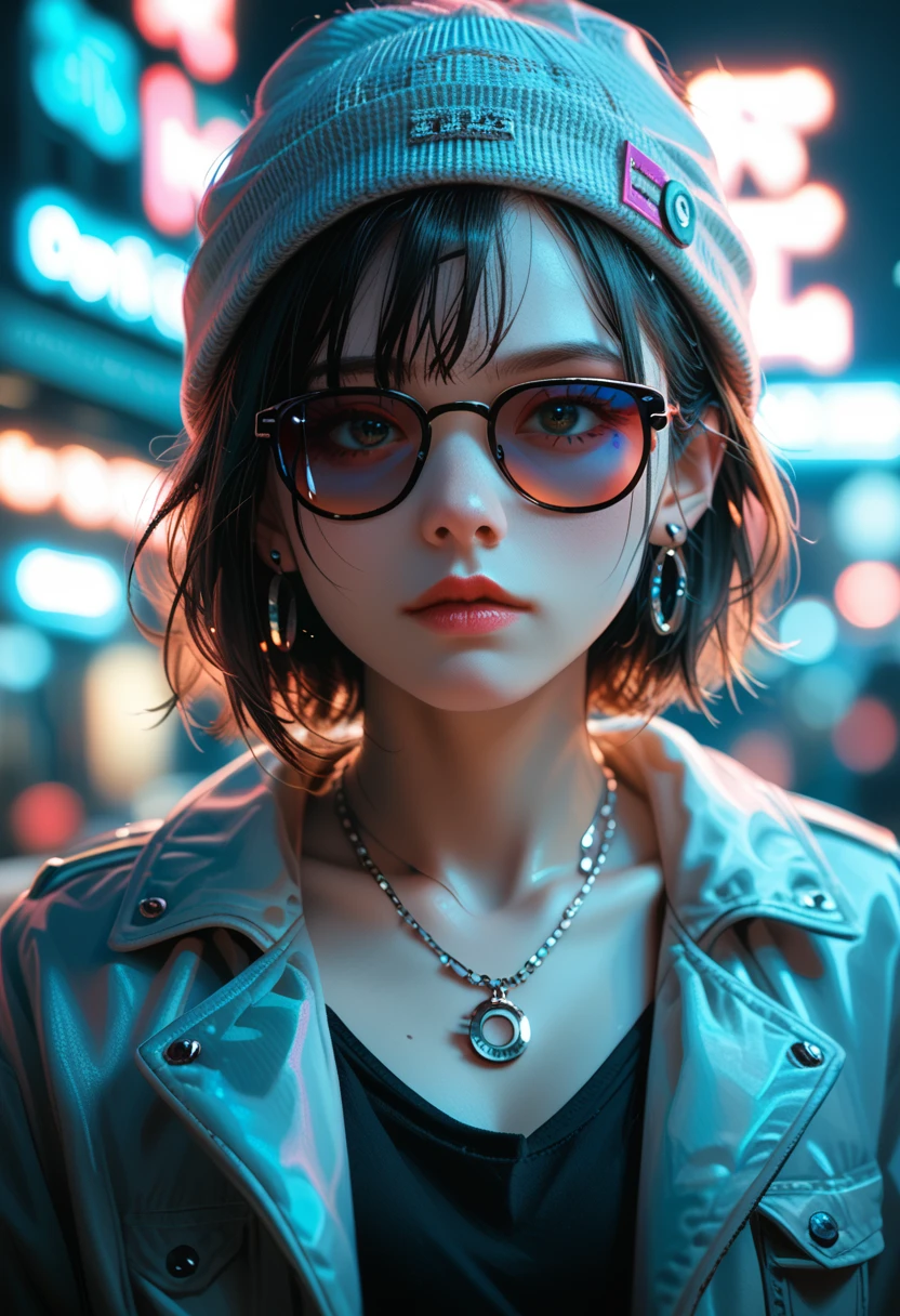 score_9, score_8_up, score_7_up, face close up, alternative girl, watching over black sunglasses, jacket, necklace, neon light reflections on skin, ear ring, makeup, skin imperfection, short hair, beanie, neon lights background, low light, depth of field, highly detailed, high contrast, film grain, Rim Lighting, Long Exposure, DSLR