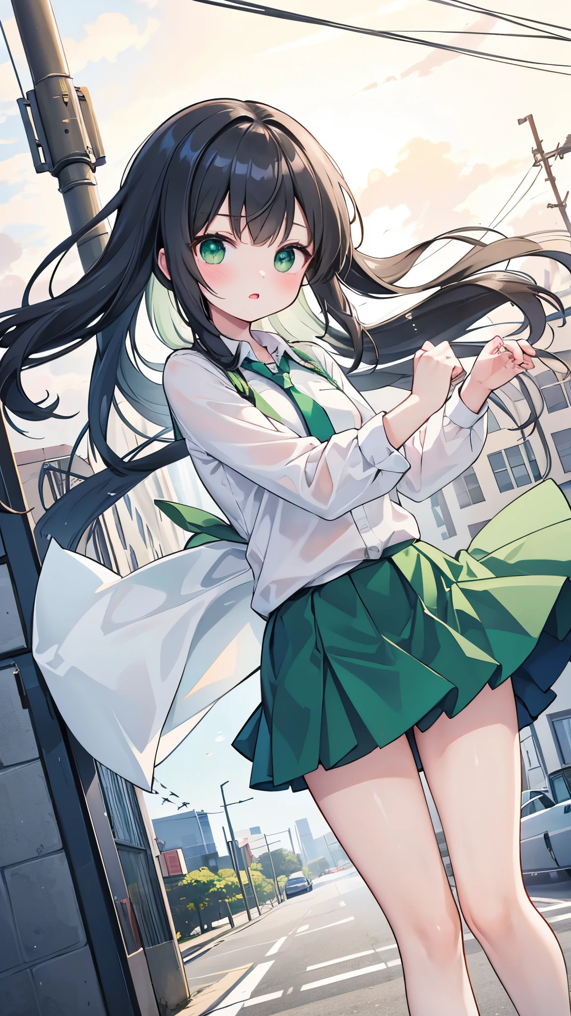 ((Best Quality, 8k, masterpiece: 1.3)),people間の女の子,１people,１peopleで,((Petite,Glamorous Body,Curvy)),cute,Surprised,Blushing,((Her long black hair sways in the strong wind)),Beautiful emerald green eyes,((Long sleeve dress shirt,Green tie,Green mini skirt,Can be flipped over by strong winds)),((レモンイエローのcuteパンティー,I see Scanty)),Japanese Landscape,The road home from school,Low angle composition,