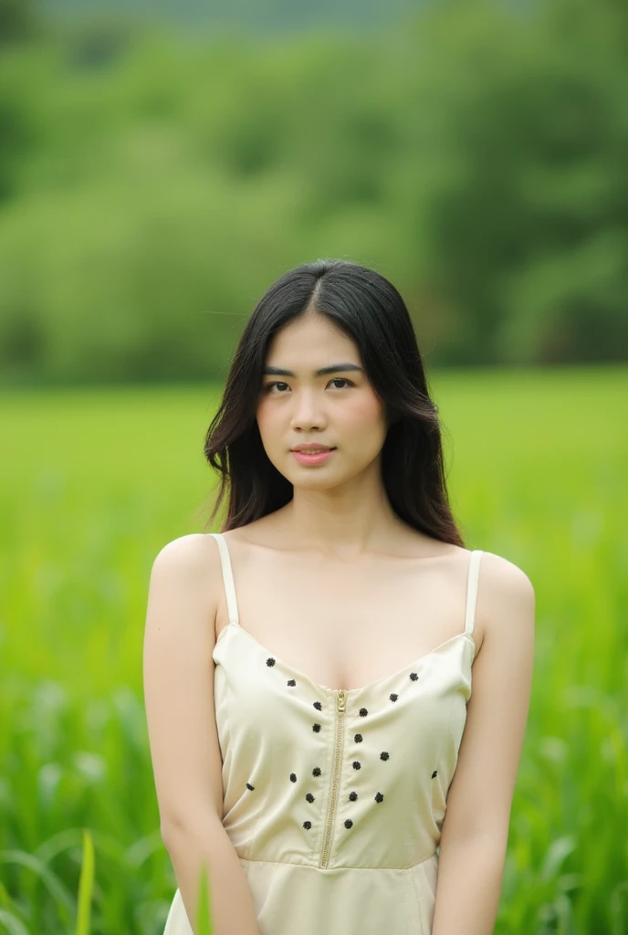 A young Asian woman stands at eye-level, surrounded by lush green grass, her dark hair flowing over her shoulders. She wears a cream-colored sleeveless dress with a zipper front, exposing her bare chest, adorned with small black dots for added texture. The blurred backdrop creates a striking contrast to the vibrant grass, drawing attention to the subject's confident pose.