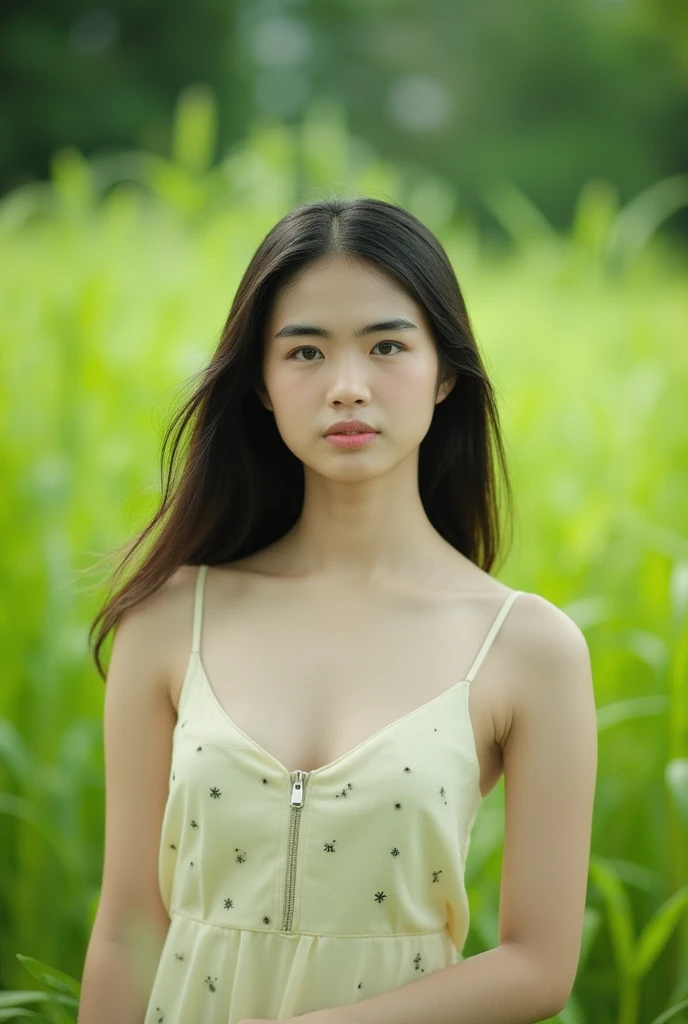 A young Asian woman stands at eye-level, surrounded by lush green grass, her dark hair flowing over her shoulders. She wears a cream-colored sleeveless dress with a zipper front, exposing her bare chest, adorned with small black dots for added texture. The blurred backdrop creates a striking contrast to the vibrant grass, drawing attention to the subject's confident pose.